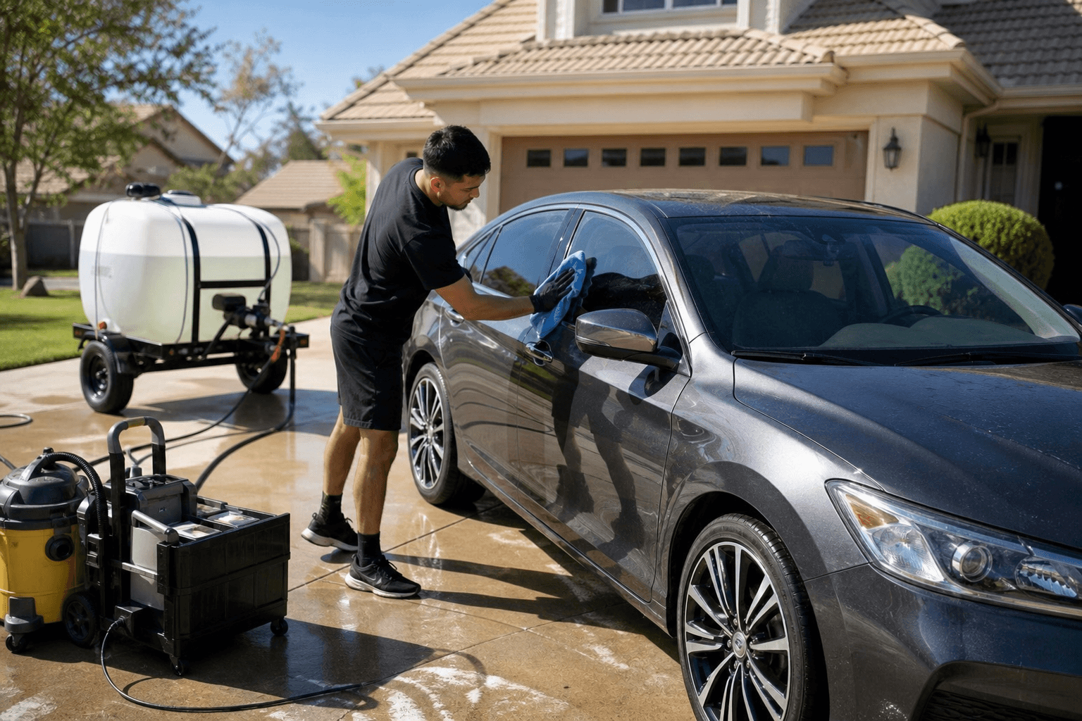 Mobile detailer working in a customer's driveway with portable equipment