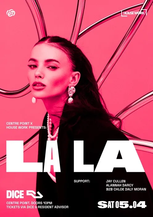 A pink-toned promotional poster featuring a woman with tied-back hair and earrings, with the text “LALA” in bold at the bottom.