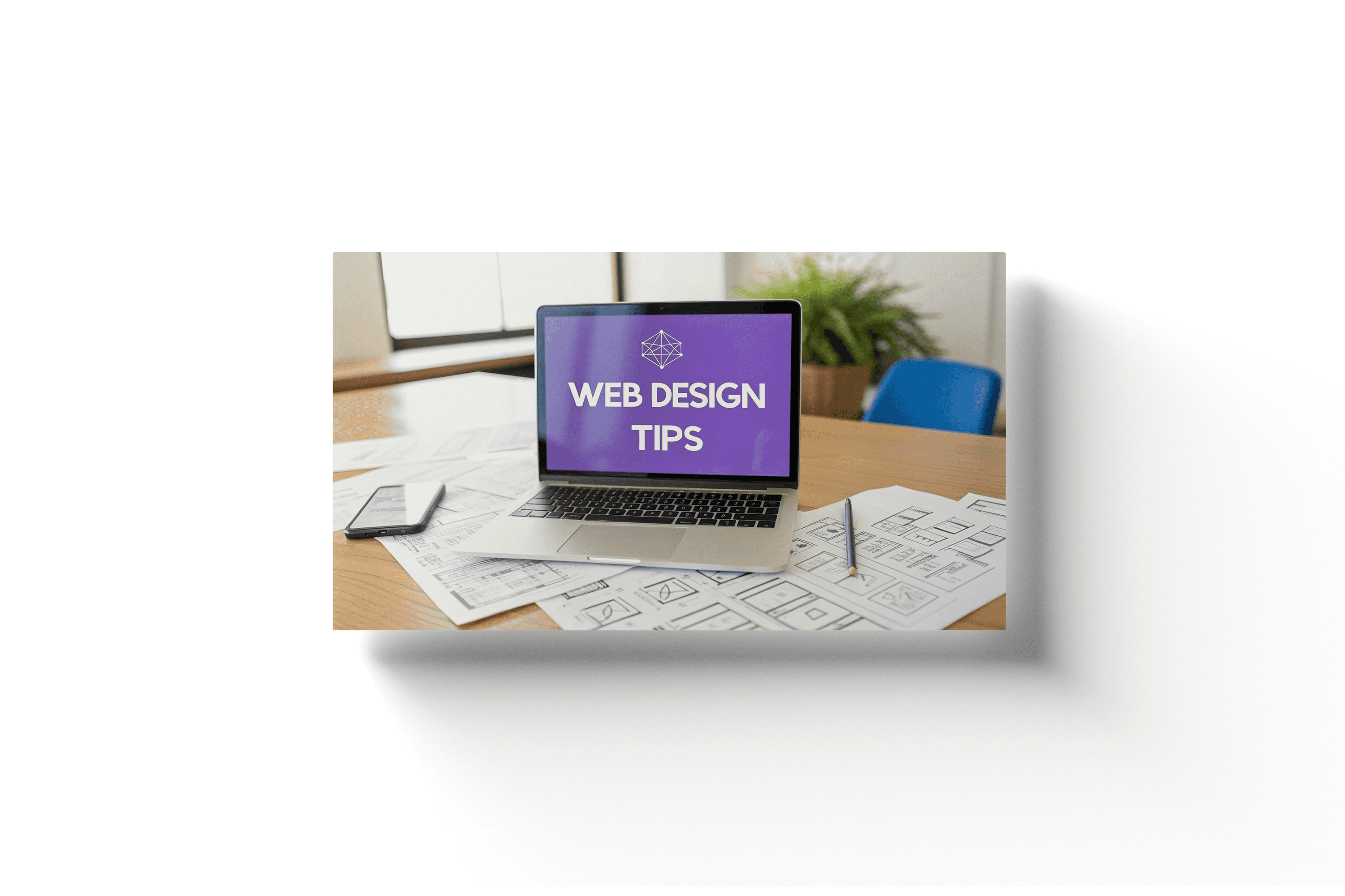 a laptop on a cluttered desk with a purple screen and the text 'web design tips'
