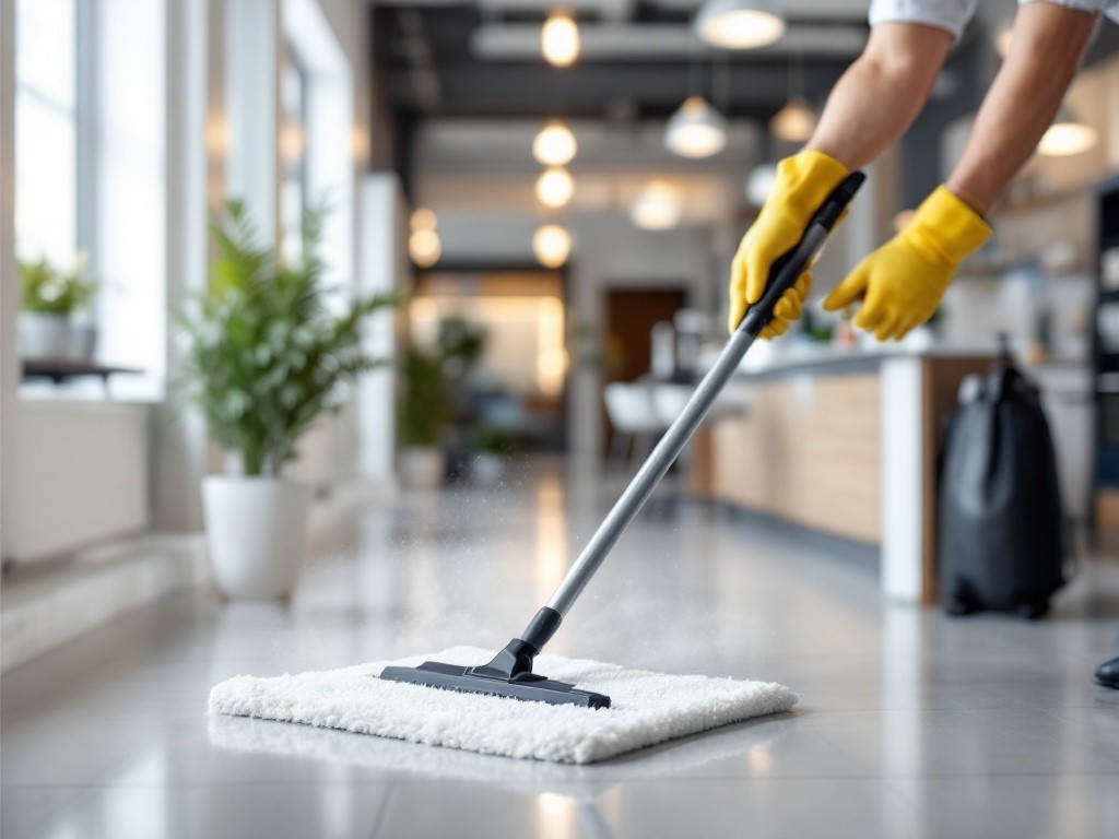 A person in yellow gloves is using a floor cleaning machine to clean the floor lexington, ky