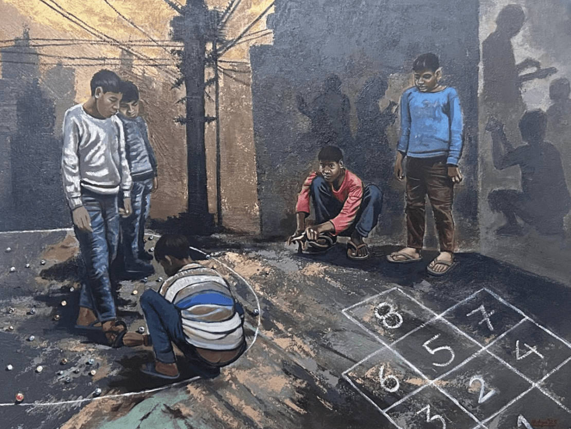 herd of sheep on road painting