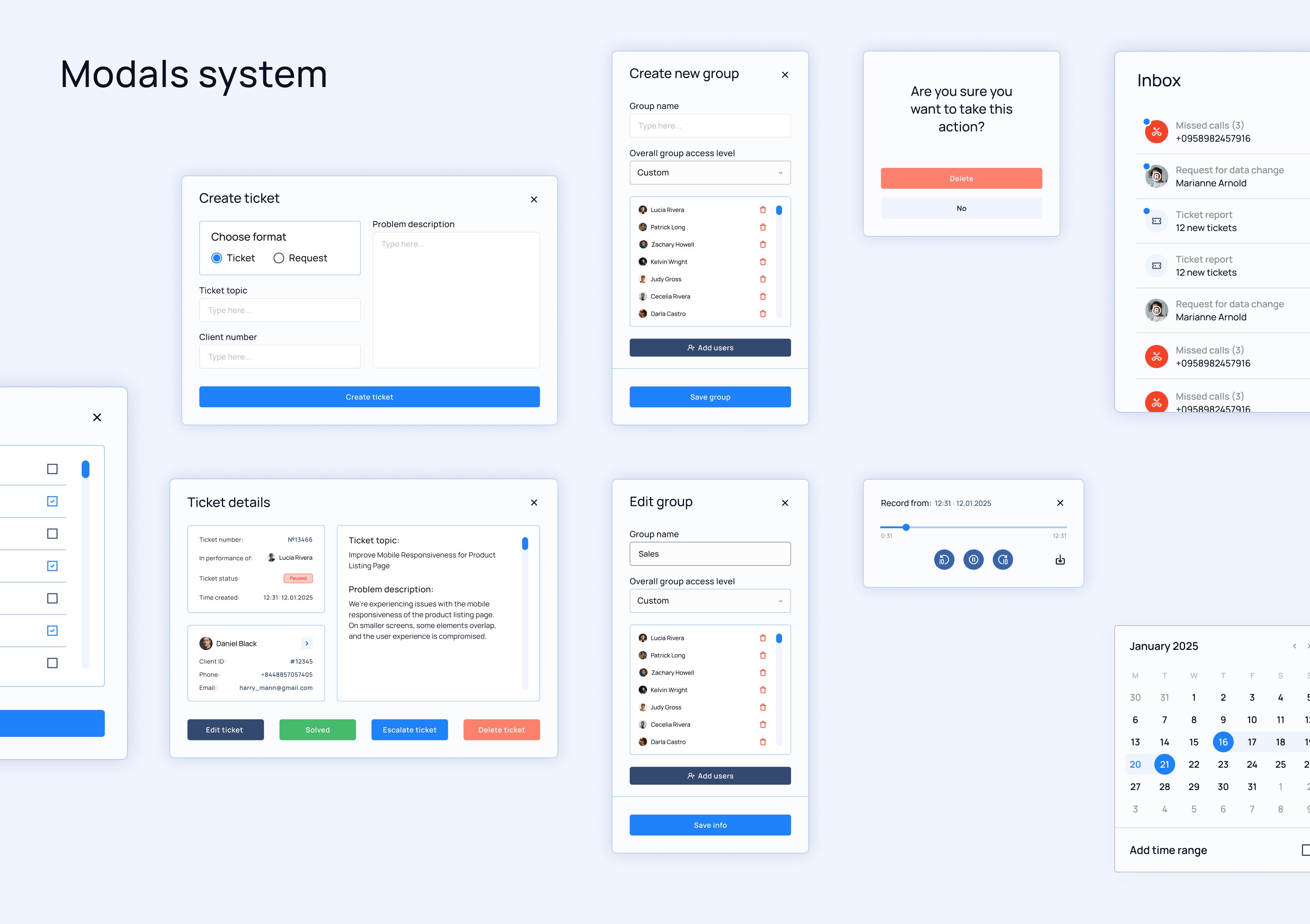 G-link modal windows including ticket creation, group management, confirmation prompts, ticket details, audio record controls, and date picker.
