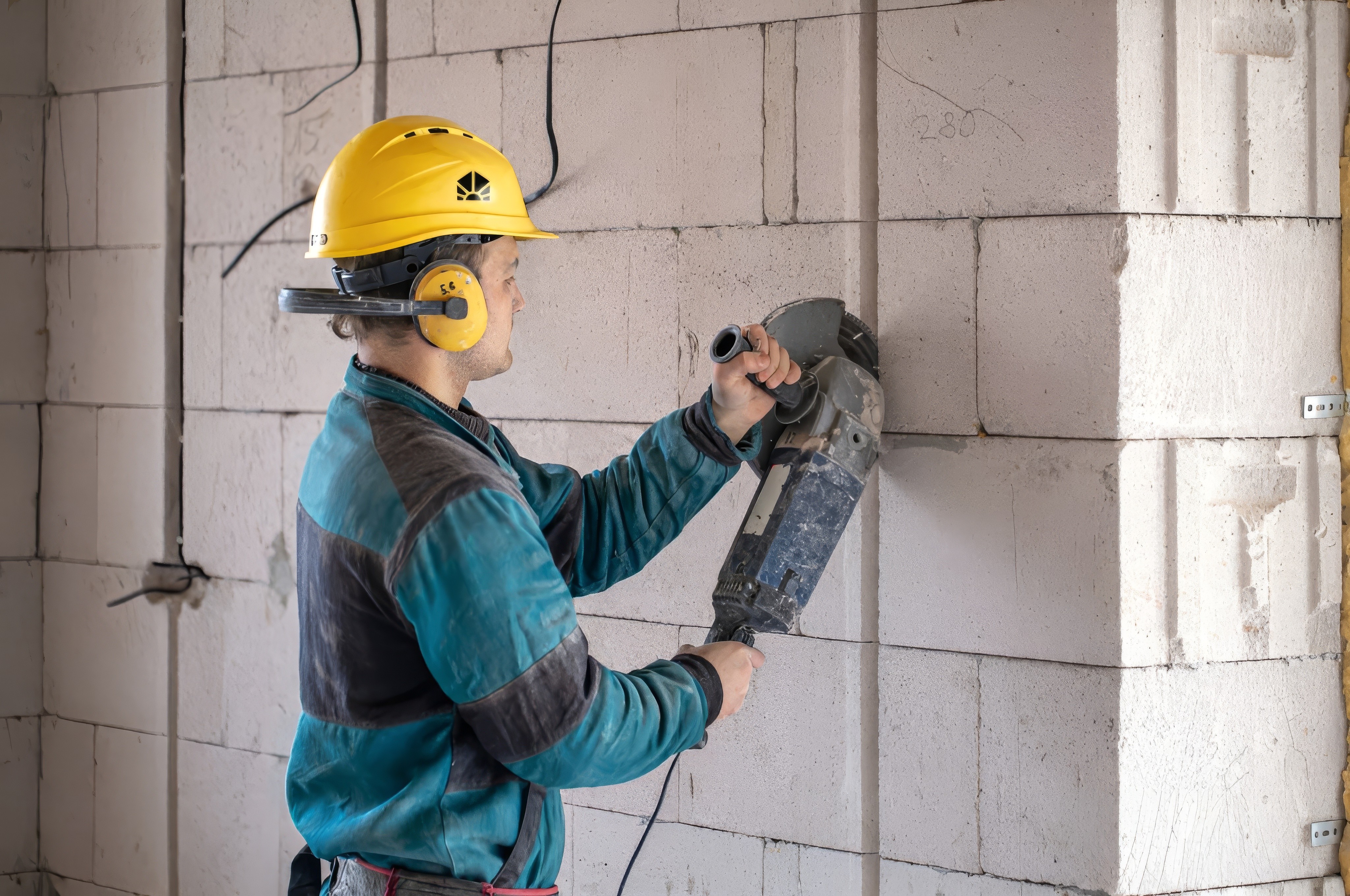 Bauarbeiter schneidet mit elektrischer Säge eine Betonwand.