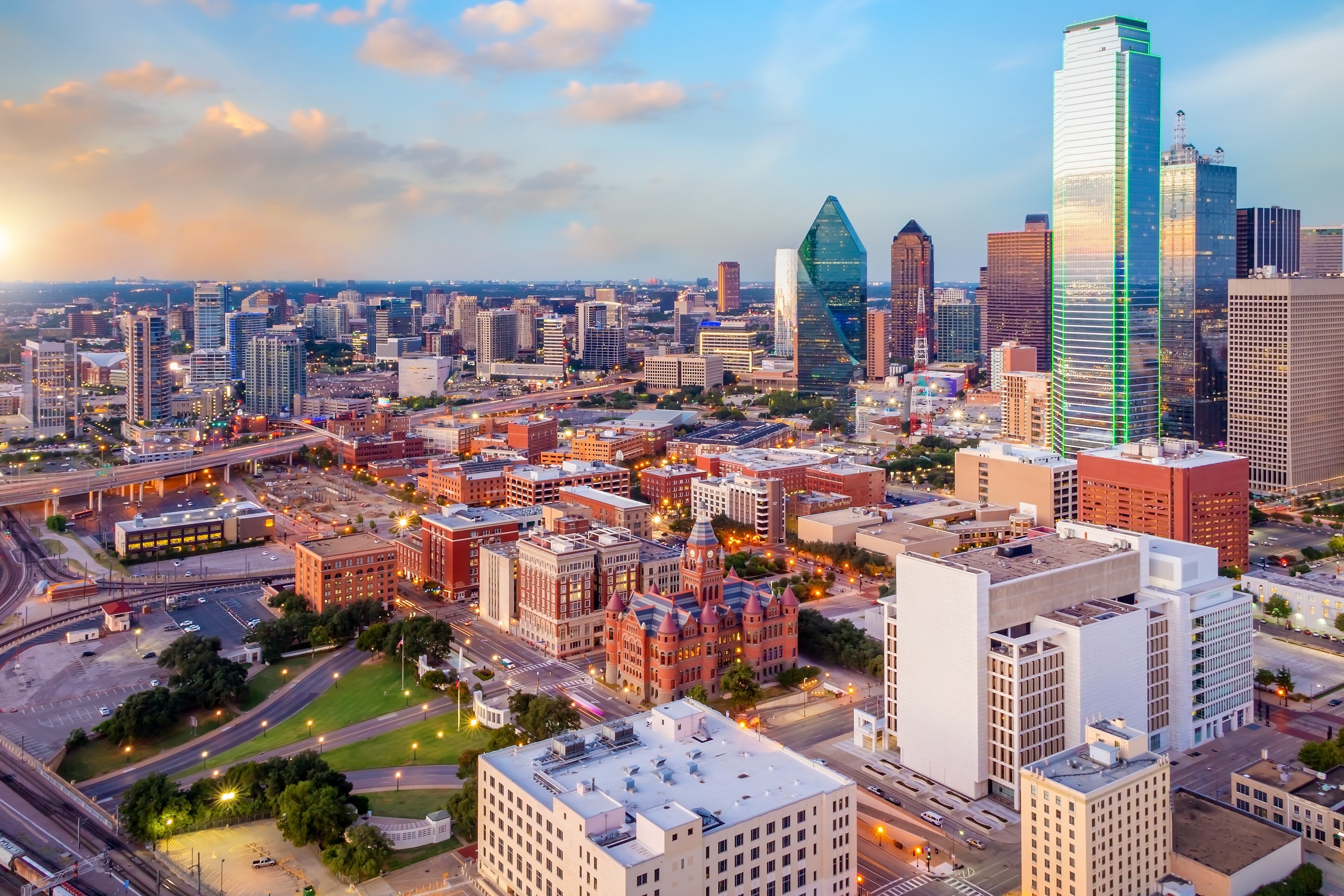 Aerial view of downtown Dallas at dusk