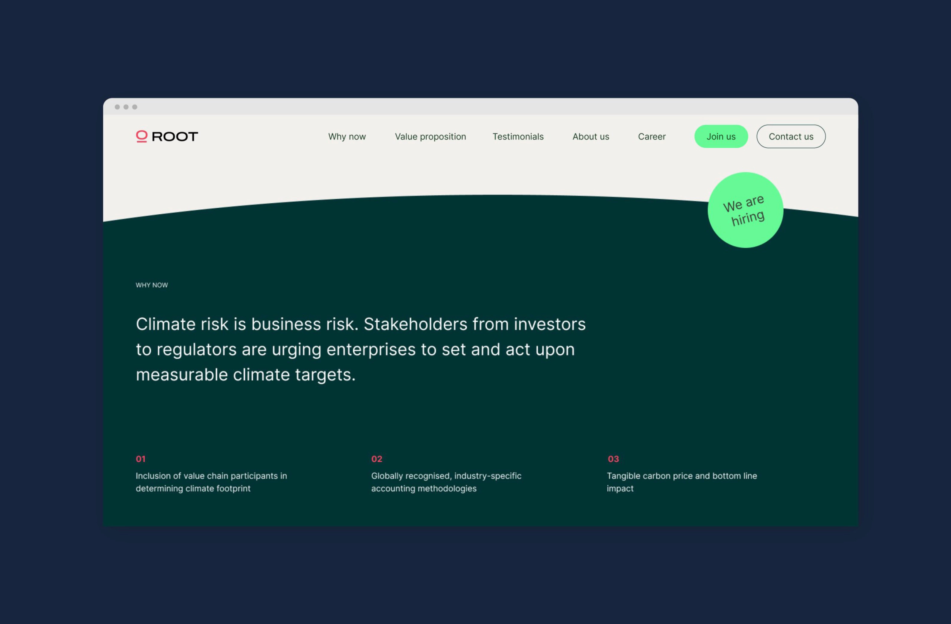 Landing page highlighting climate risk as a business challenge, encouraging enterprises to set measurable climate targets.