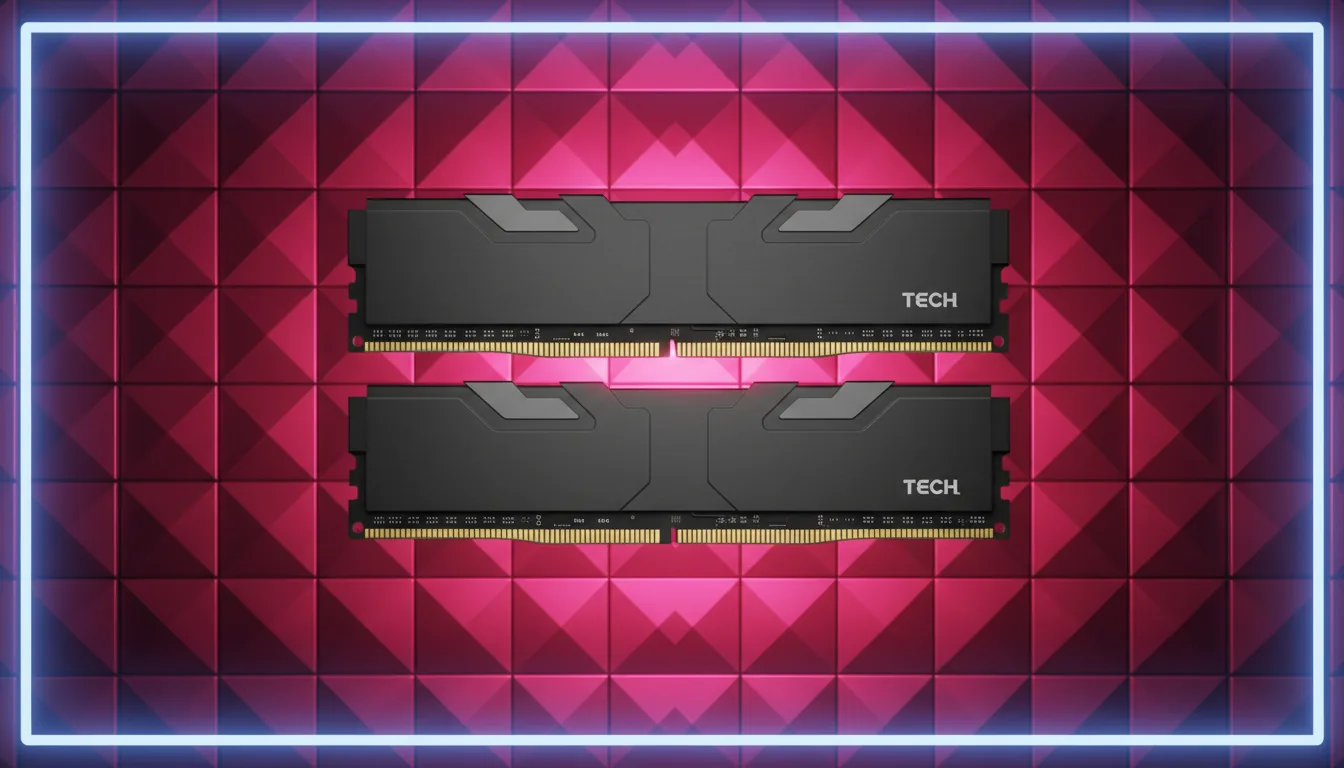 High-fidelity 3D render of two high-performance DDR5 RAM sticks, stacked horizontally in a professional product showcase. The RAM sticks feature matte black aluminum heat spreaders with sleek, angular designs and generic white tech branding. The golden contact pins are clearly visible along the bottom edge. The background is a dark, textured geometric pattern of quilted squares with a metallic magenta and deep red sheen. Dramatic cinematic backlighting emanates from the center, creating a vibrant magenta glow that highlights the background texture. Soft global illumination, sharp focus, Blender style, commercial advertisement aesthetic, framed by a thin, glowing blue neon border.