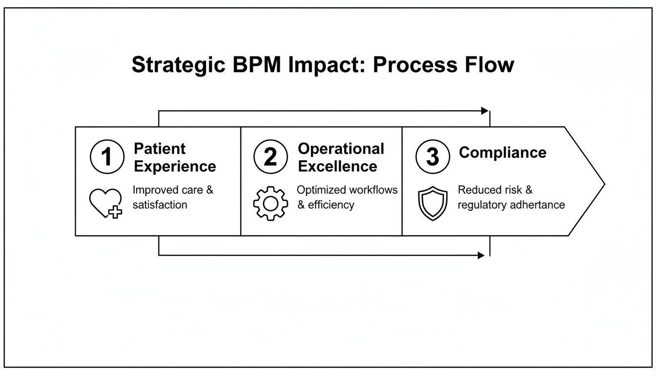 Strategic BPM impact process flow showing patient experience, operational excellence, and compliance.