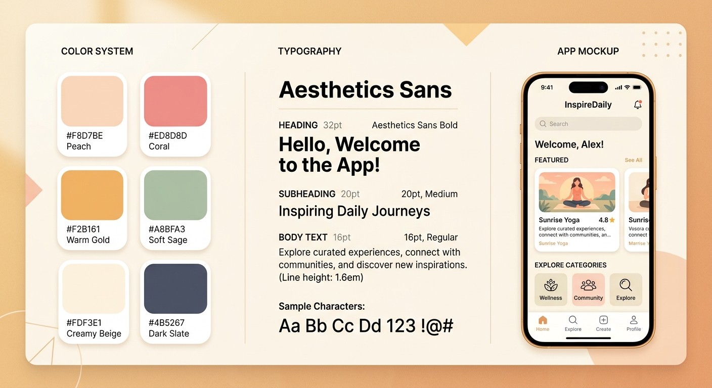 Illustration showing color swatches, typography samples, and a polished mobile app mockup.