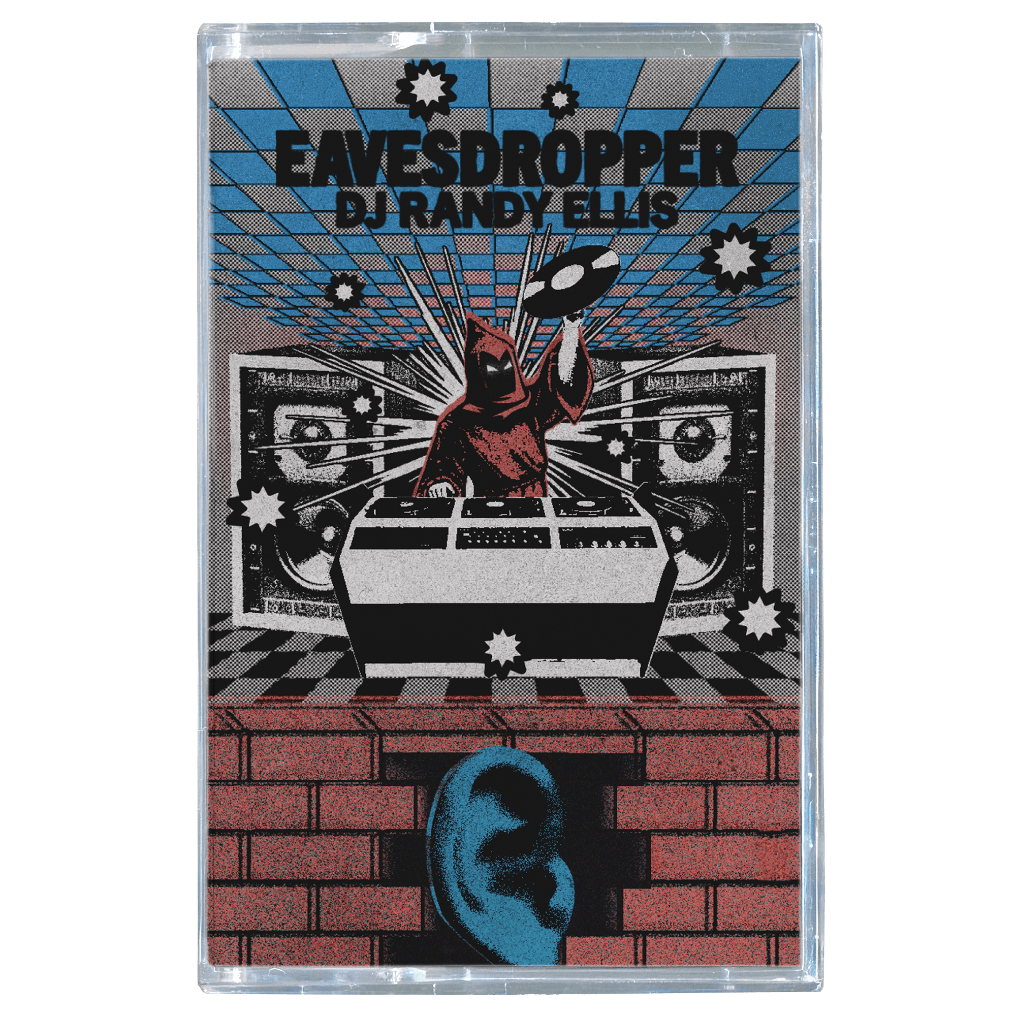 Cassette tape cover with a design containing a wizard DJ, speakers, and a dj booth, an ear, and a brick wall, featuring the text 'Eavesdropper' and 'DJ Randy Ellis'.