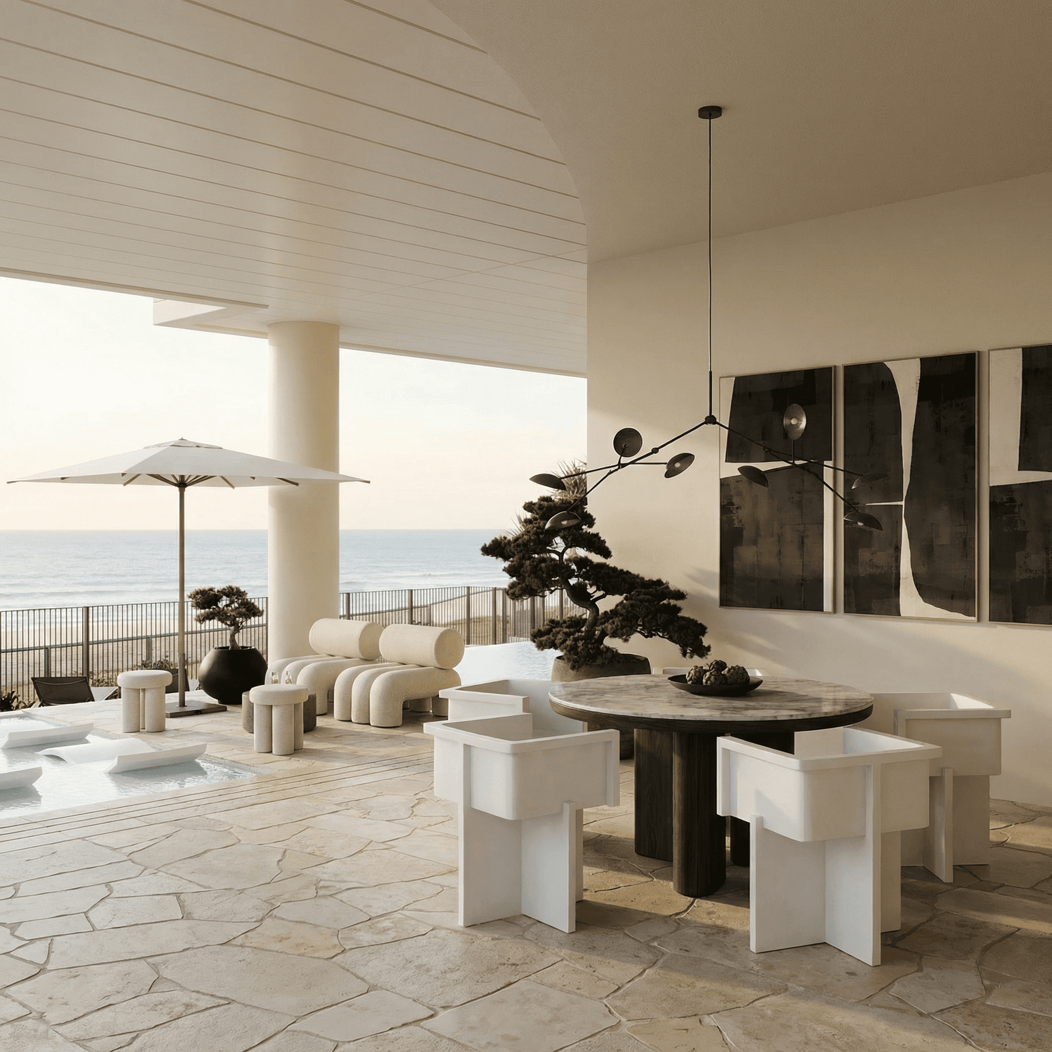 Terracotta wall interior with wooden architectural elements and dramatic natural light.