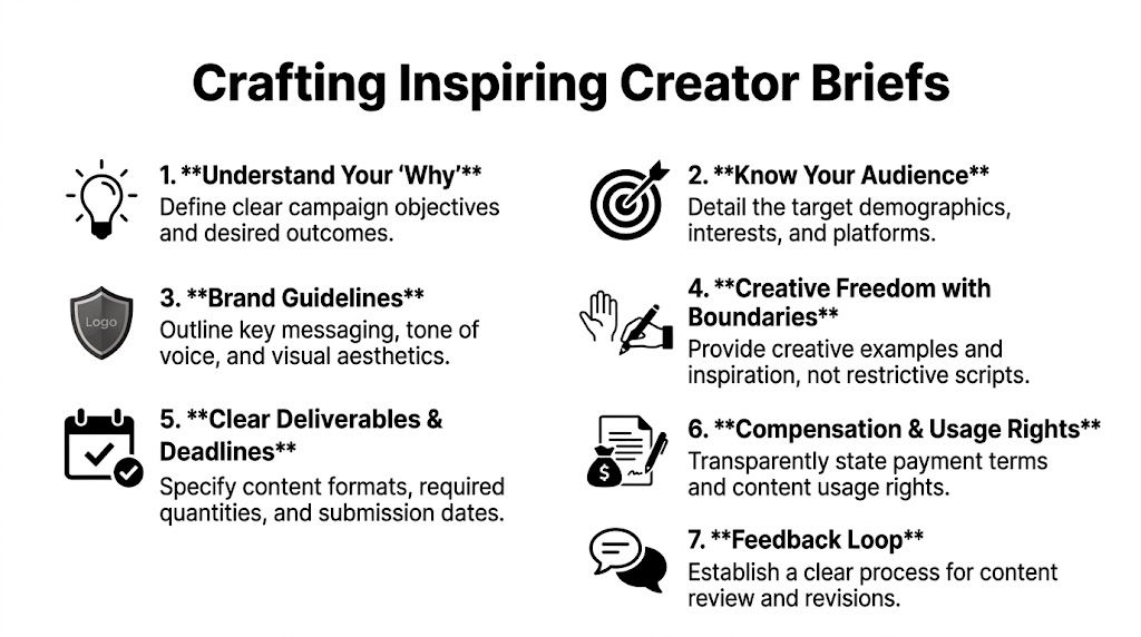 A list of seven essential steps to create an inspiring creator brief for marketing campaigns.