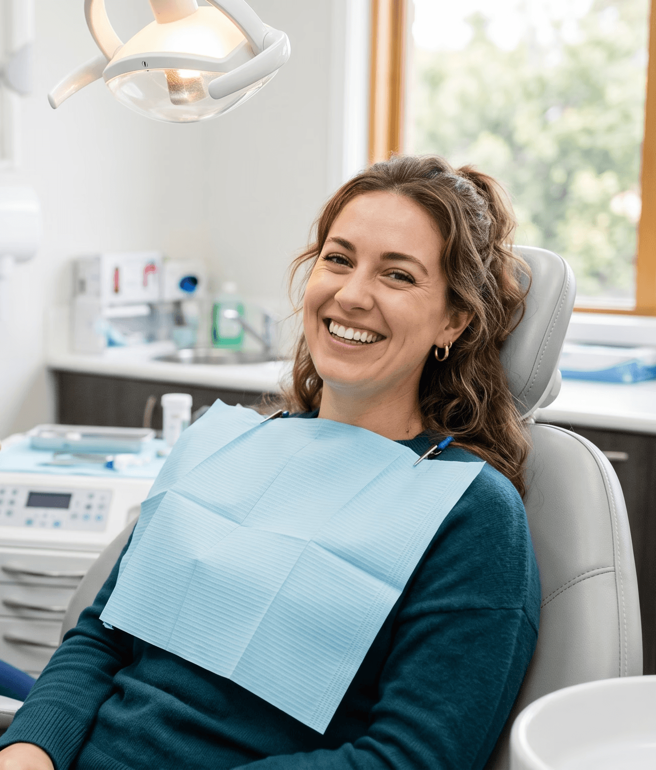 Smiling patient during dental checkup with dentist examining teeth