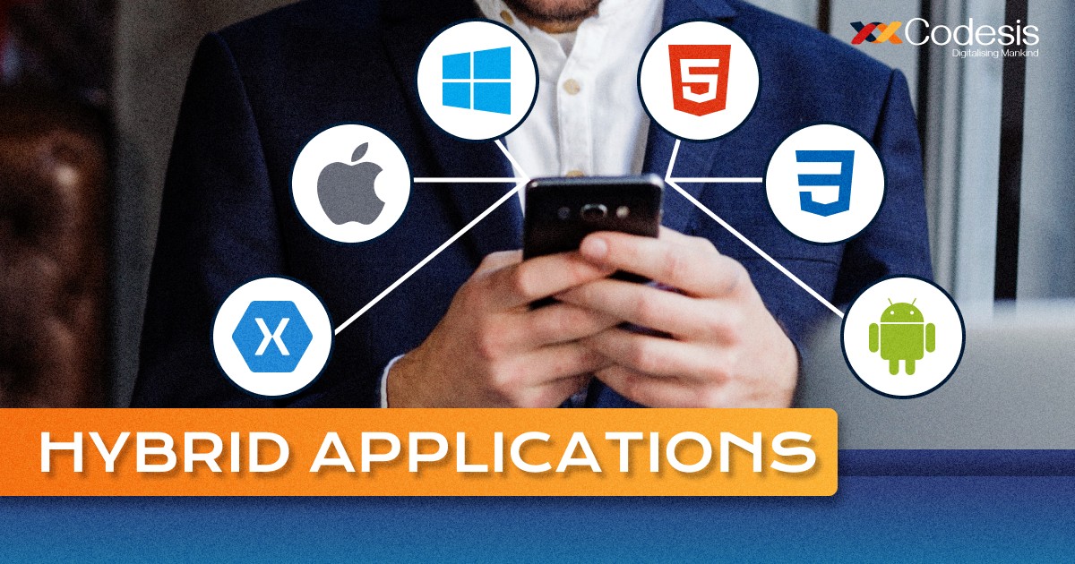 Image of a person standing in suit using phone and hybrid application icons and logo emerging from it ! 