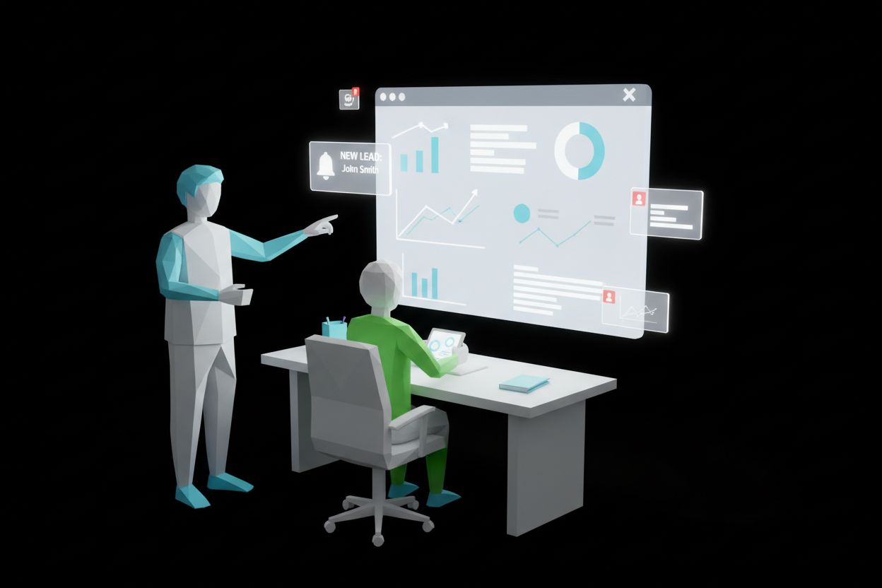 A marketer and salesperson reviewing a CRM dashboard with lead notifications