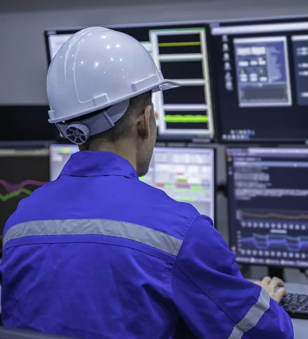 Engineer in a hard hat watching many live data screens in a plant control room