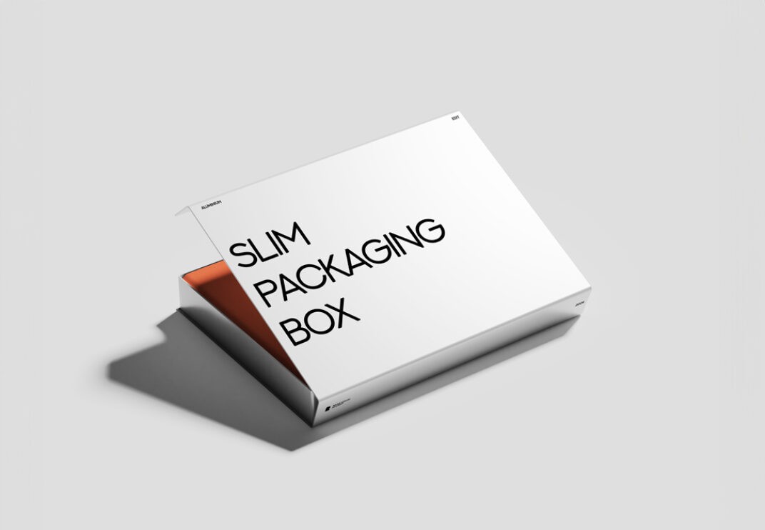 Minimalist slim packaging box mockup with a clean white surface and bold black text. The box lid is partially open, revealing a muted orange interior. Positioned on a light gray background with soft shadows.