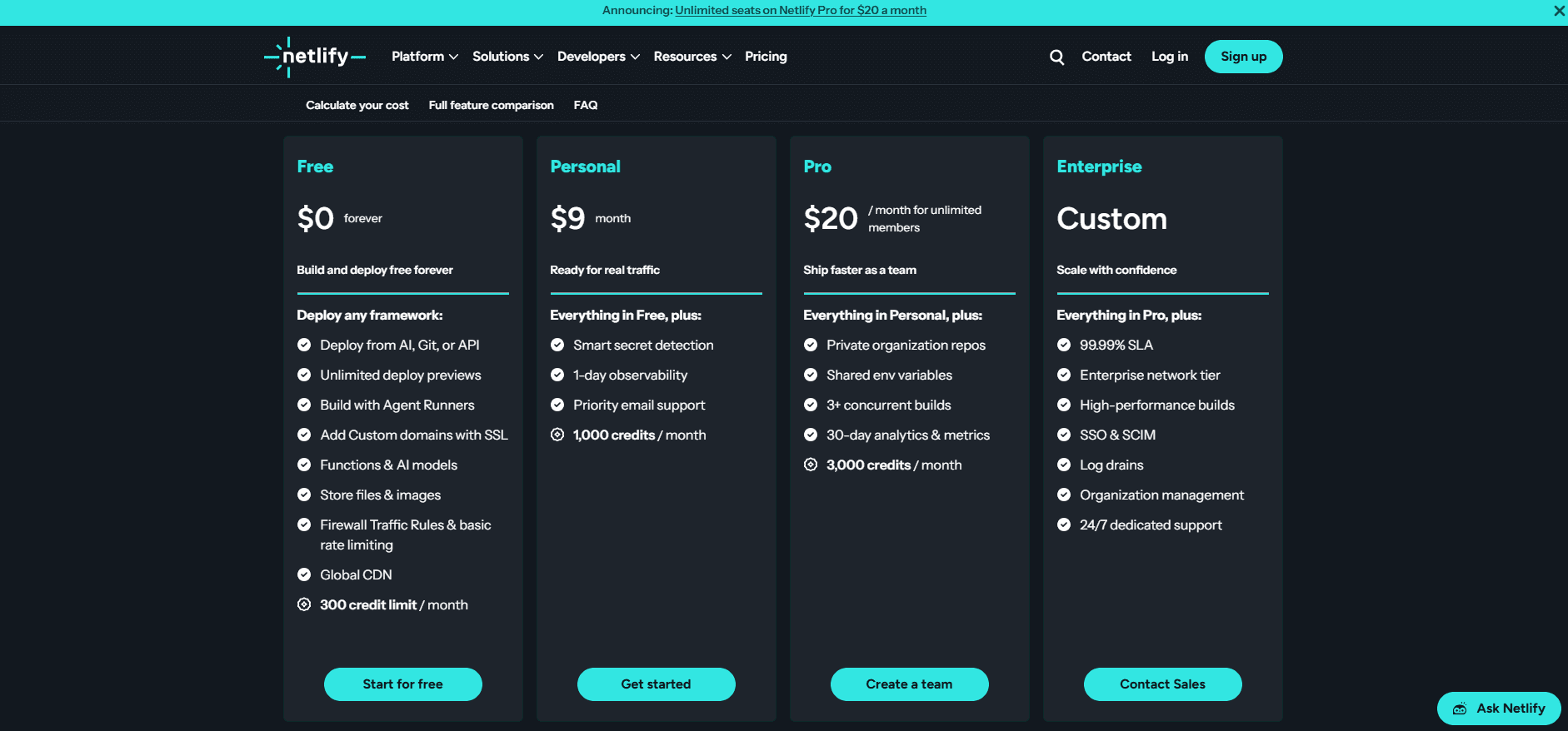 Netlify pricing page