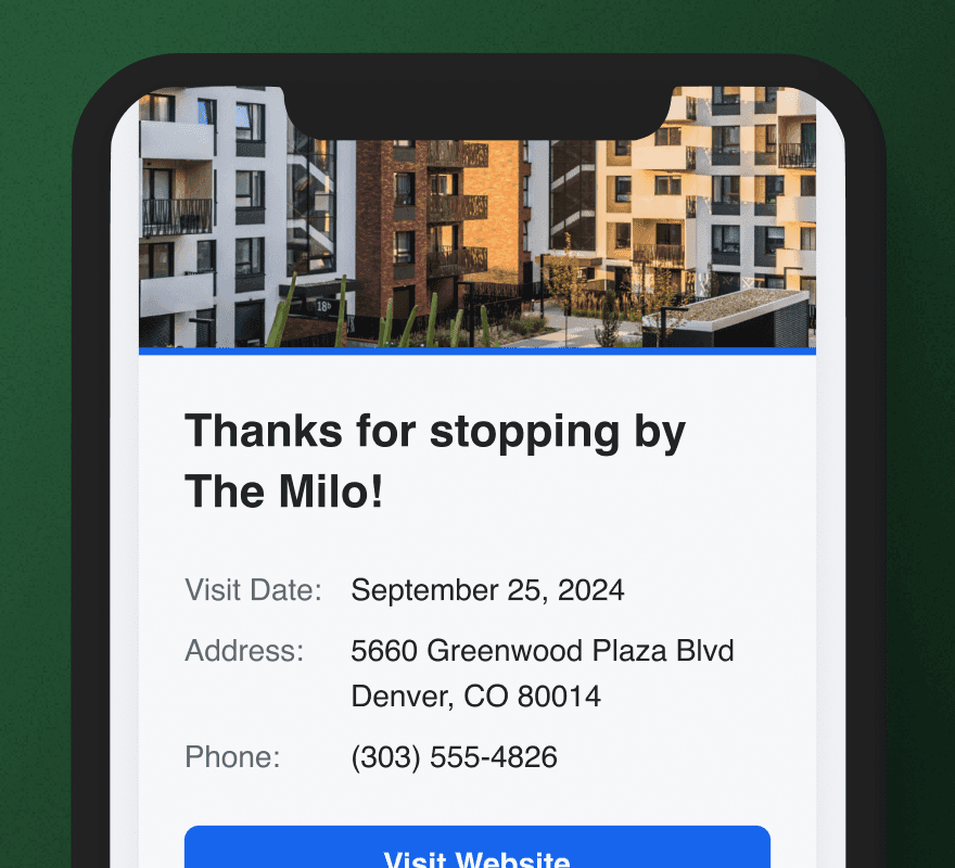 Phone mockup showing an email summary of a property tour.