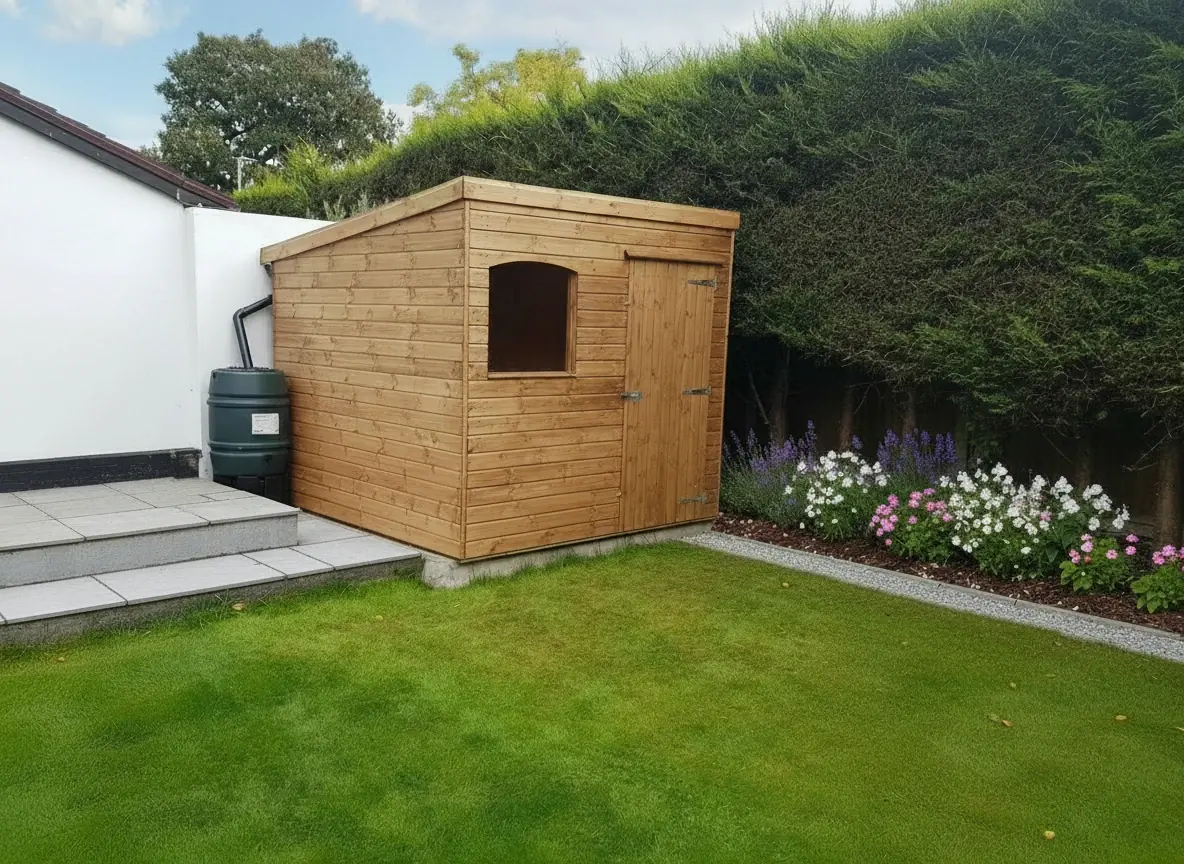 Pent shed with arched window beside a patio