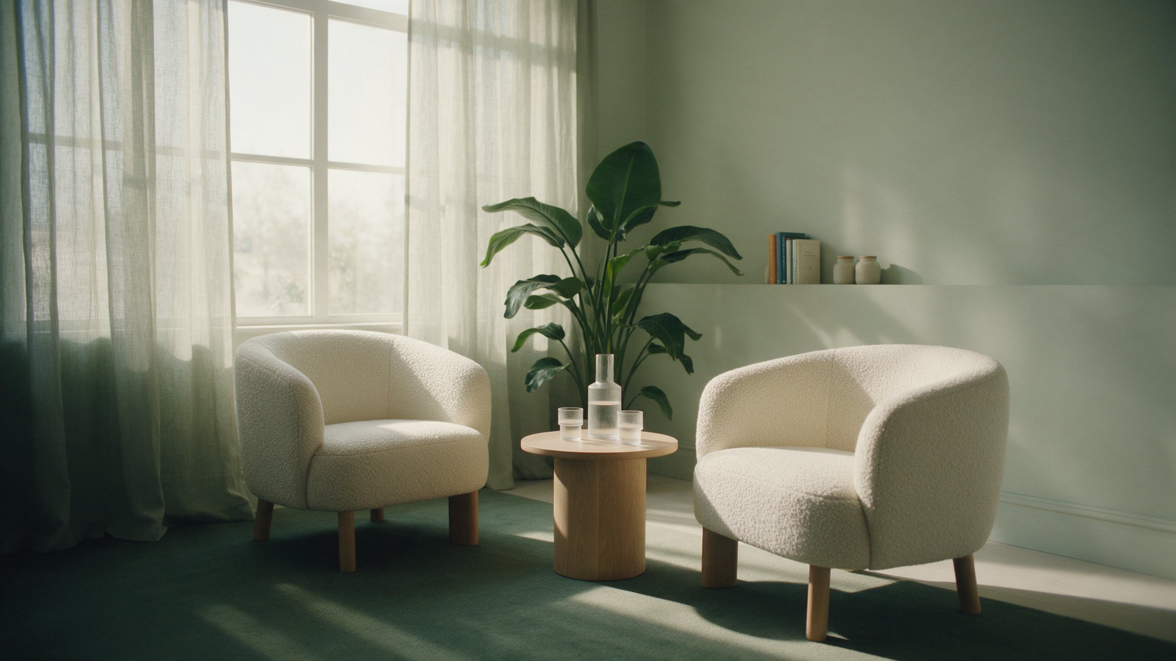 Maya’s calm consultation room in Portland, with two cream armchairs, a plant and a large window