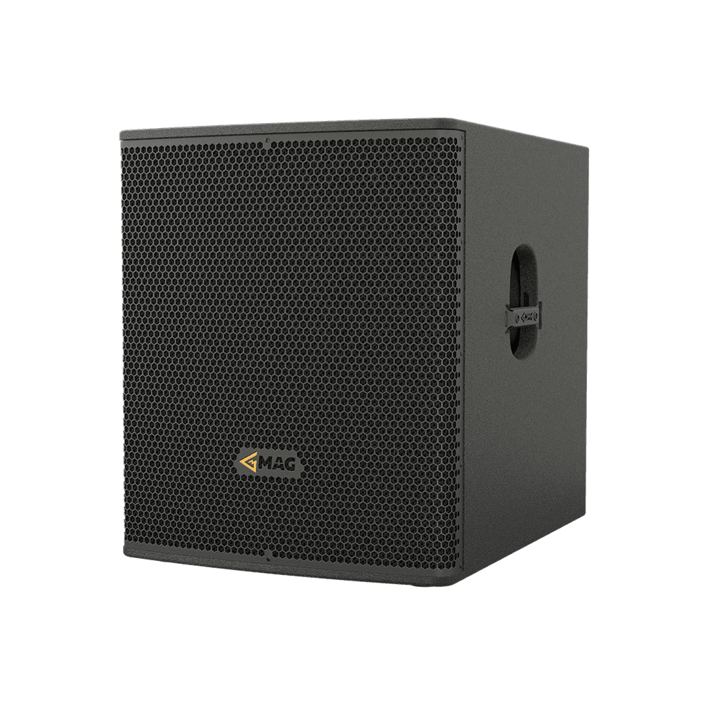 Black subwoofer with MAG logo and handle