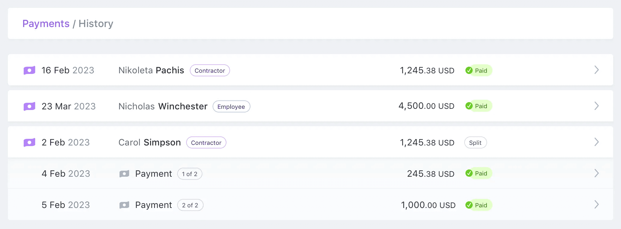 A screenshot of the "History" page, showing completed payments for two contractors and one employee.