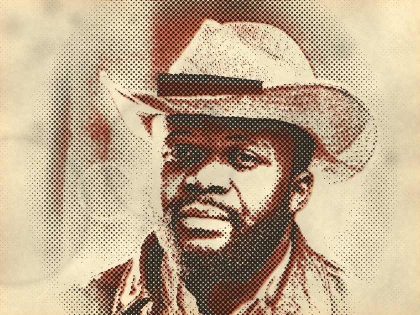Halftone portrait of Juno Reyes in a cowboy hat