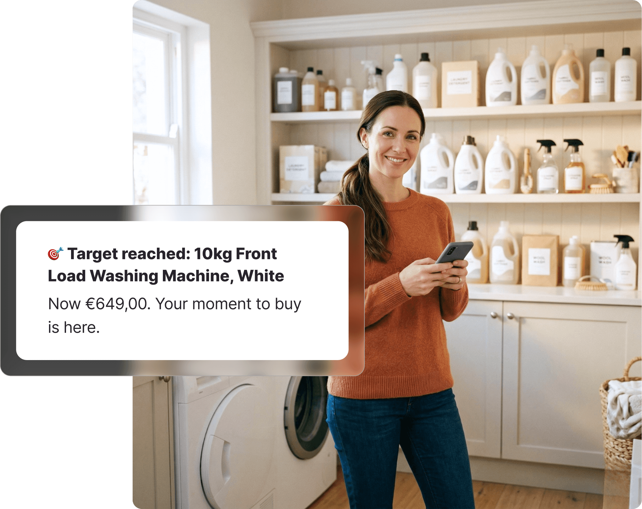 Woman standing in a laundry room smiling at her phone, with shelves of cleaning products and a Kogan-style washing machine behind her, receiving a target price reached notification.