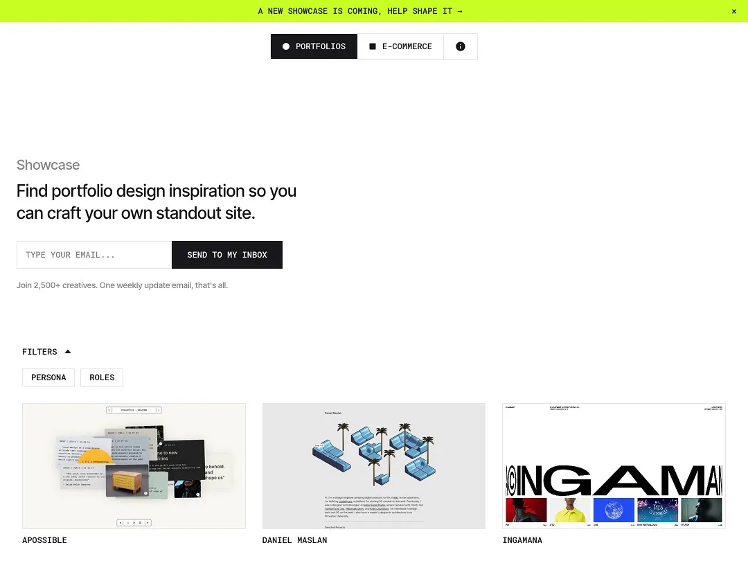 Webpage showing portfolio design inspiration and email signup form.