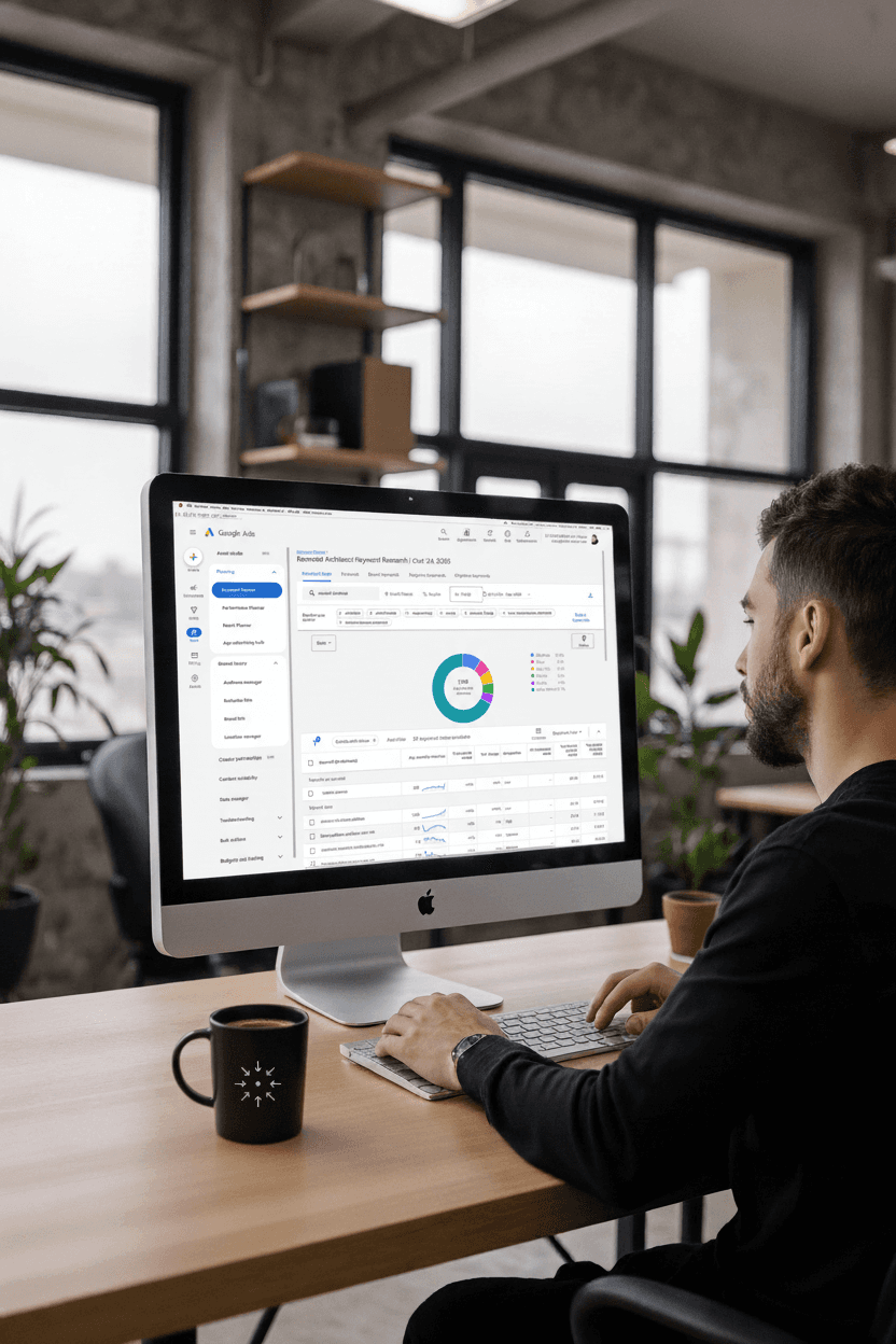 Architect working at a clean wooden desk with an iMac showing Google Ads keyword data, After Focus mug beside notebooks, soft daylight filling a minimalist workspace.
