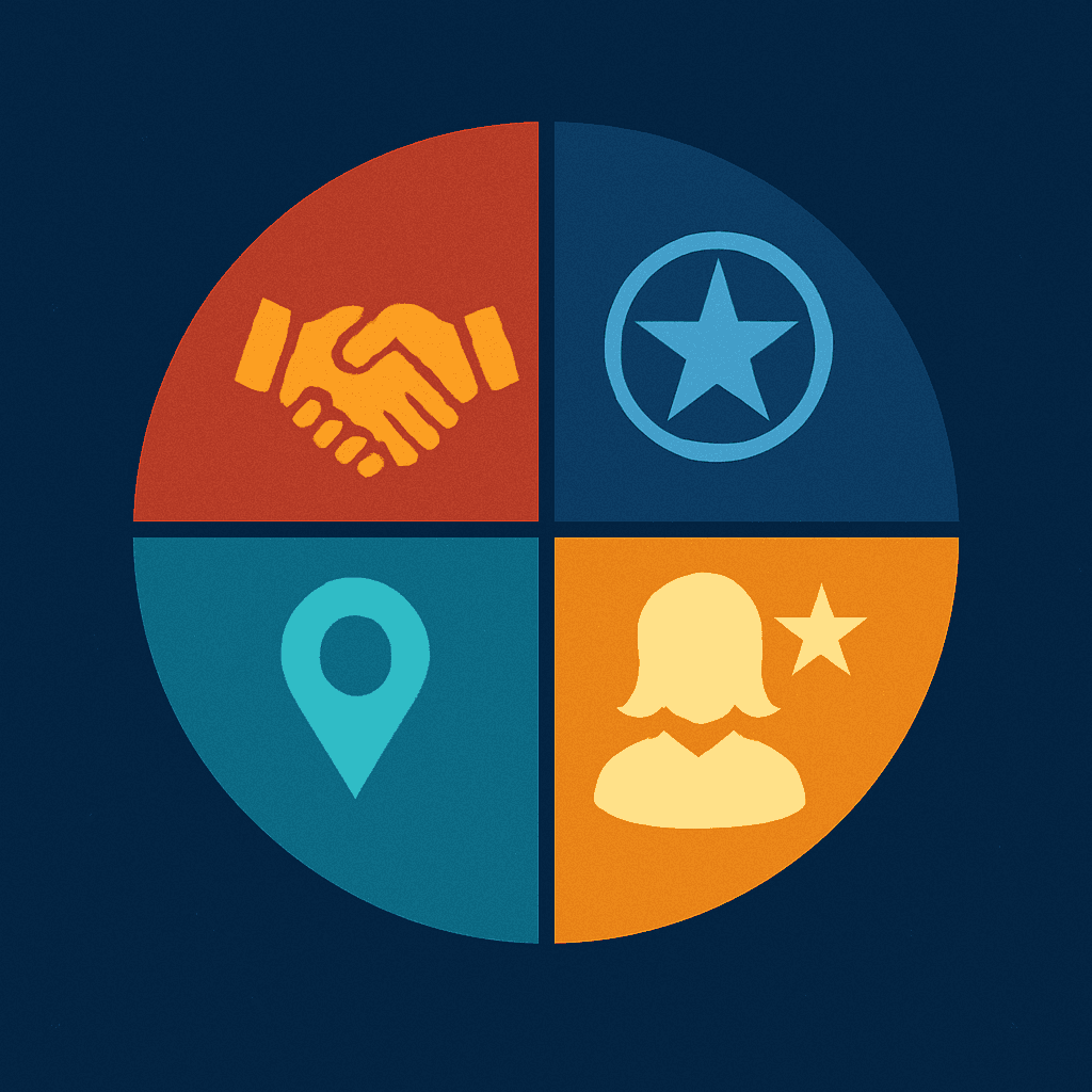 Segmented circle divided into four quadrants with icons representing 8(a), SDVOSB, HUBZone, and WOSB federal contracting programs for small businesses.