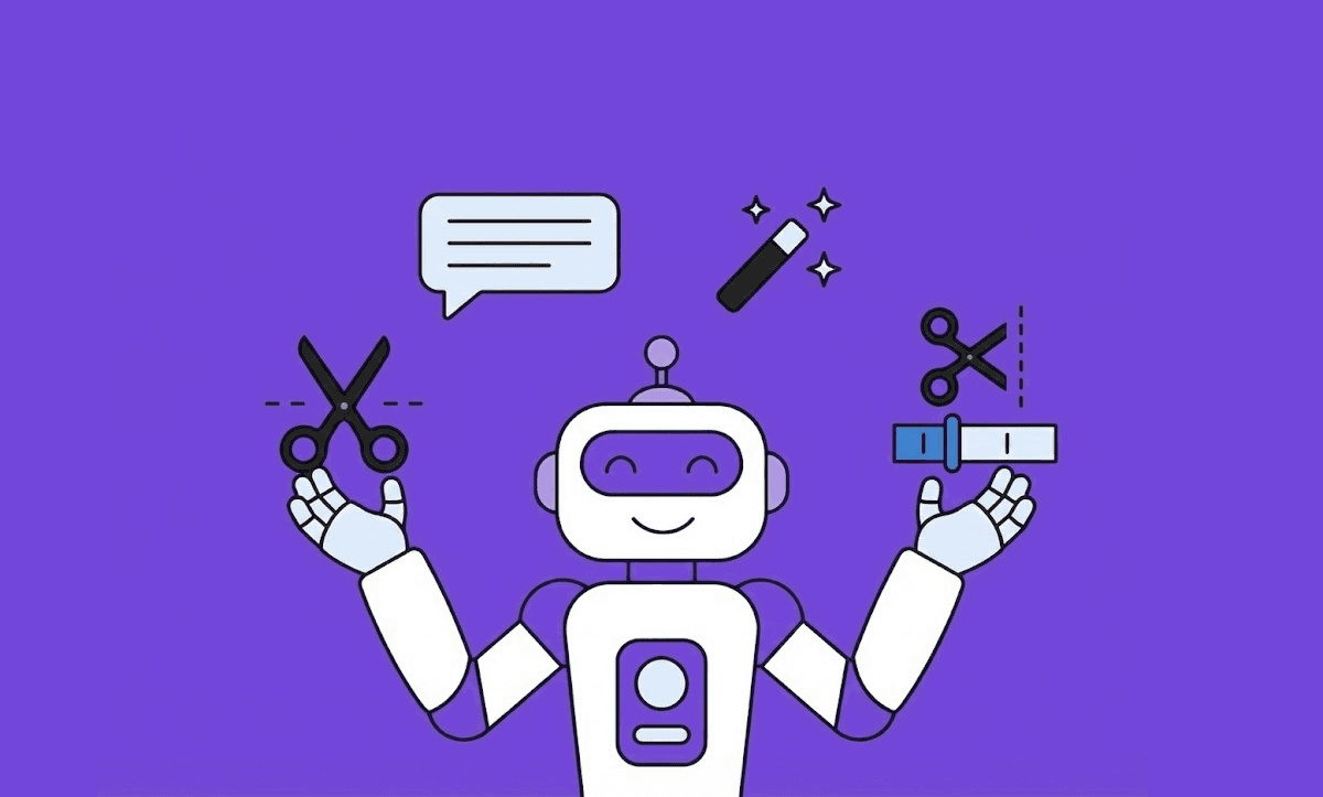 Friendly AI assistant robot juggling editing tools, symbolizing chat-based AI interfaces for video editing.