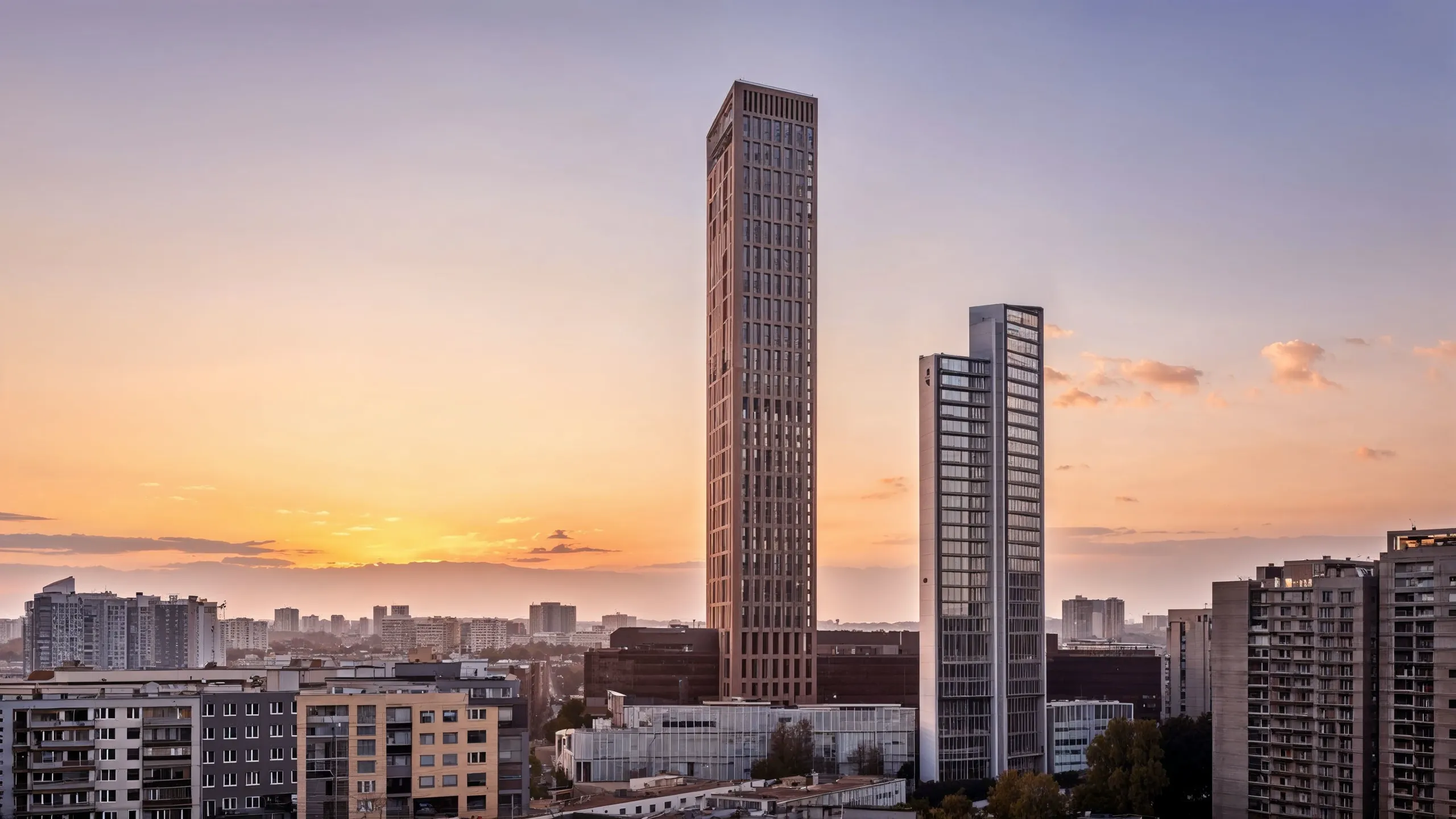 High-rise building visualization showing transition from model image to realistic render.