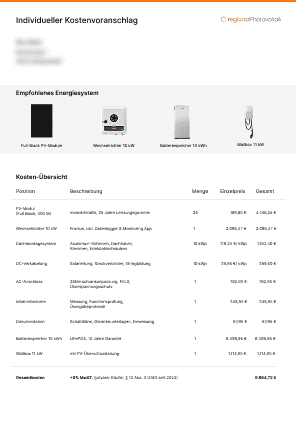 Musterangebot einer Photovoltaikanlage eines regionalen Fachbetriebs.