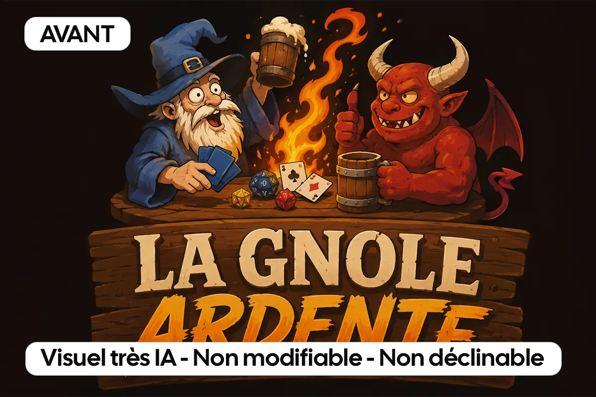 Illustration générée par IA représentant un sorcier et un démon autour d’un jeu de cartes pour un bar à jeux