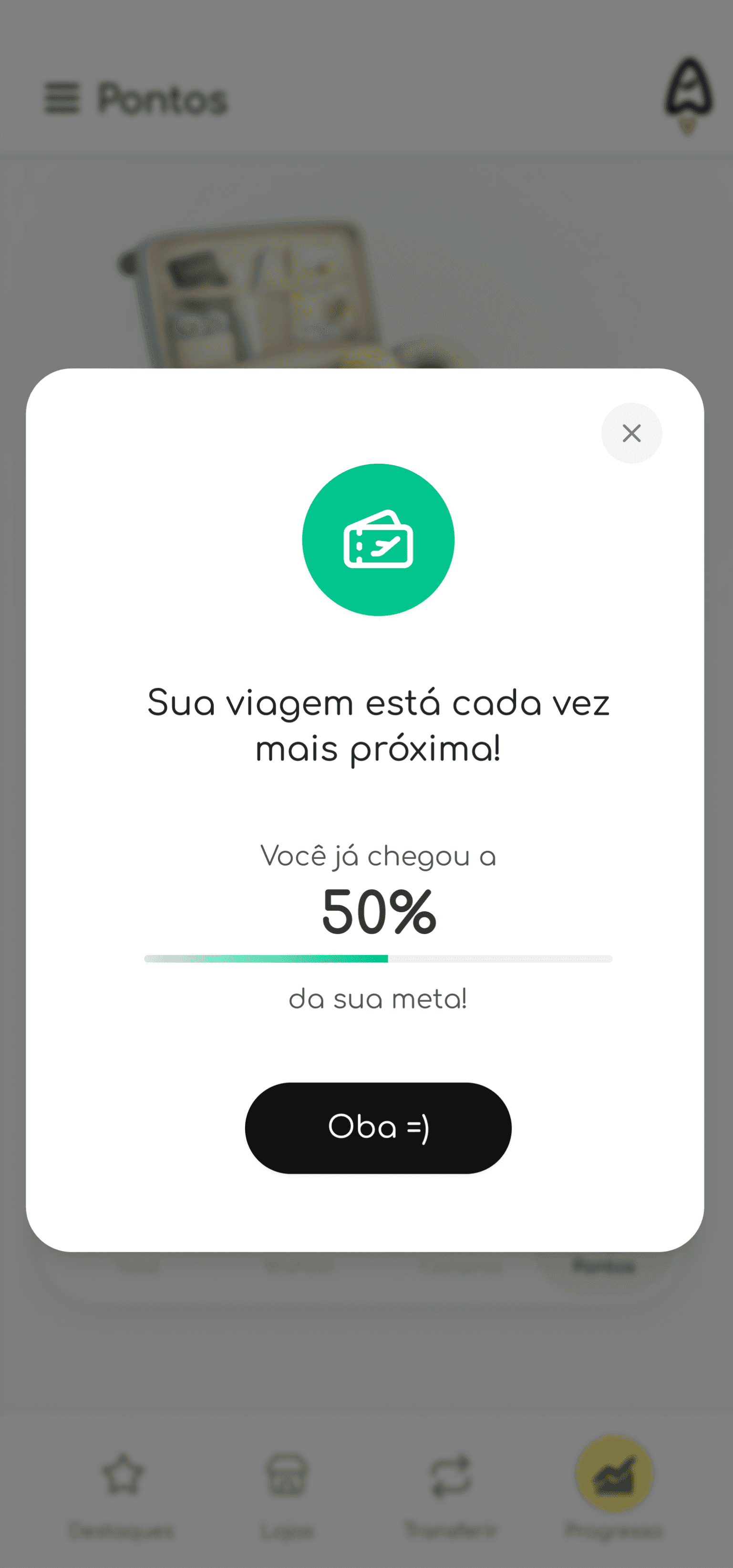 Tela do AceleraPontos exibindo o progresso do usuário para conquistar sua próxima viagem com milhas