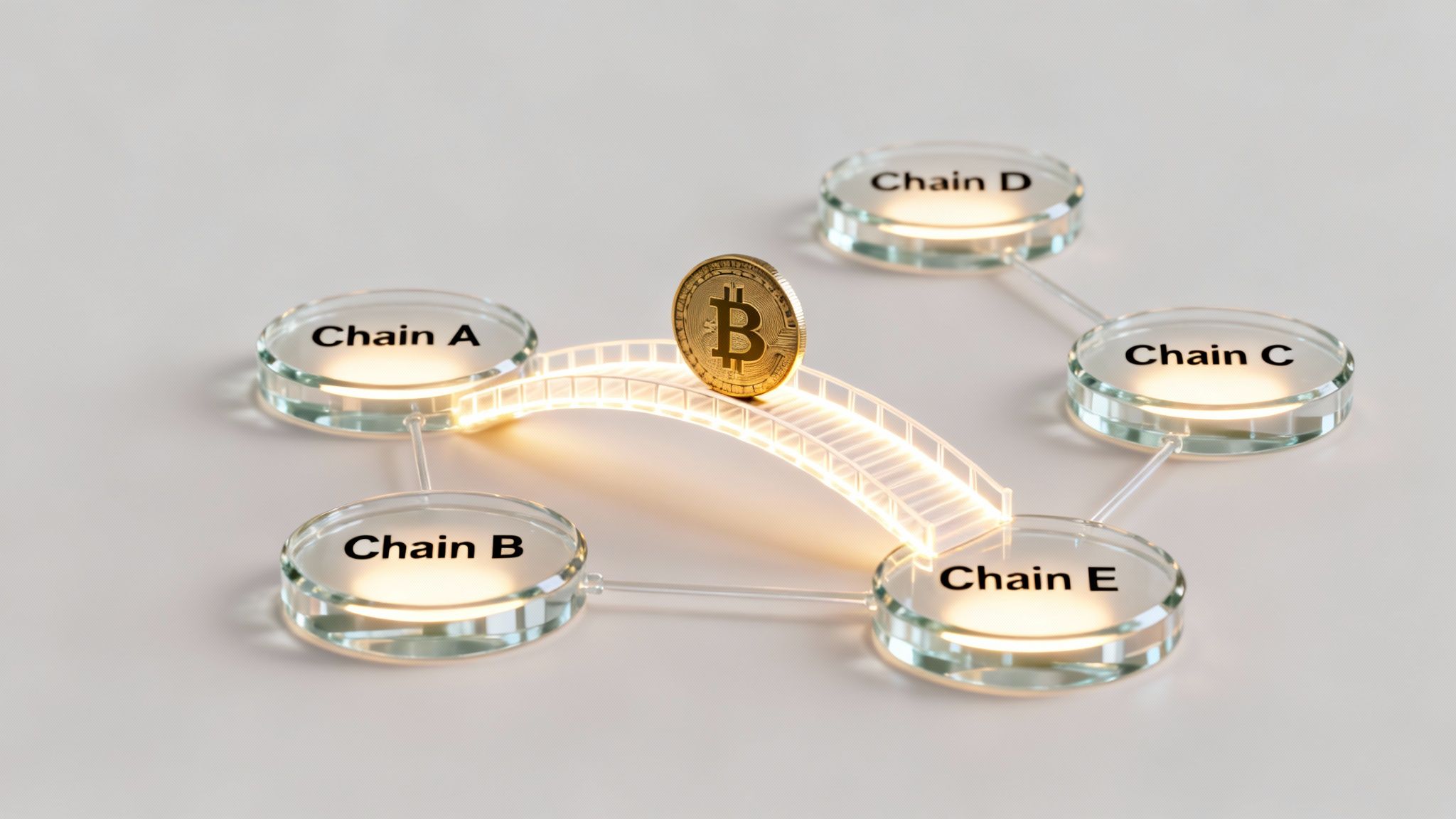 A golden Bitcoin coin stands on a glowing bridge connecting multiple blockchain chains labeled A, B, C, D, E.