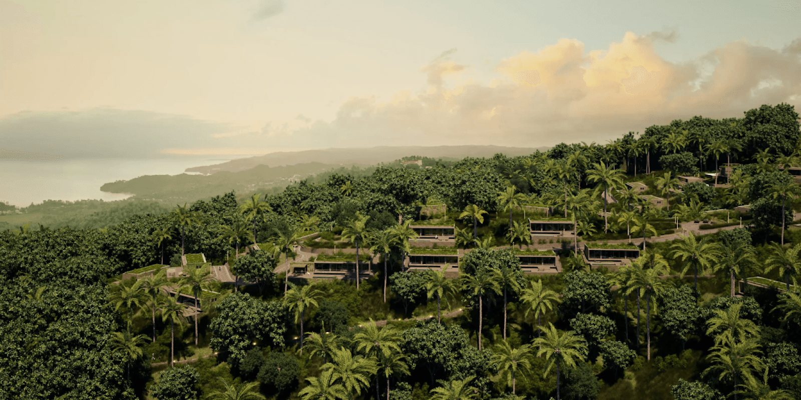 Scenic view of a luxury eco-resort, nestled in a lush tropical hillside overlooking the Caribbean coastline.