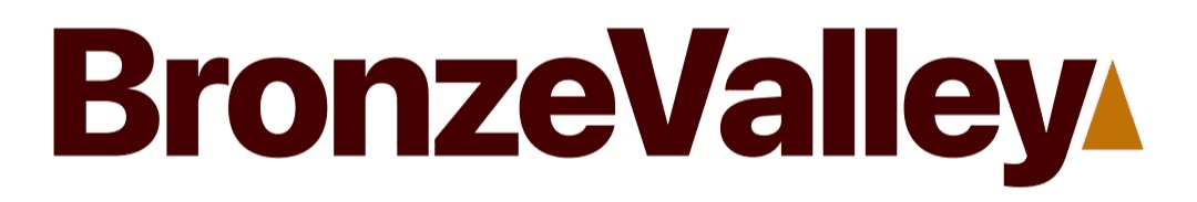 BronzeValley logo in dark brown, with a yellow-orange triangle.