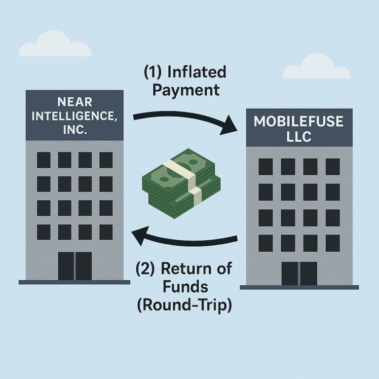 Diagram showing two office buildings labeled ‘Near Intelligence, Inc.’ and ‘MobileFuse LLC’ with arrows pointing back and forth. The first arrow is labeled ‘(1) Inflated Payment,’ and the return arrow is labeled ‘(2) Return of Funds (Round-Trip).’ A stack of cash sits between the buildings, representing a circular money flow.