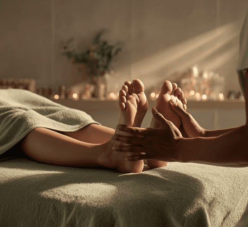A wooden essential oil diffuser releasing a gentle stream of steam, surrounded by dried herbs and a small bottle of essential oil. The warm lighting enhances the cozy and therapeutic ambiance.