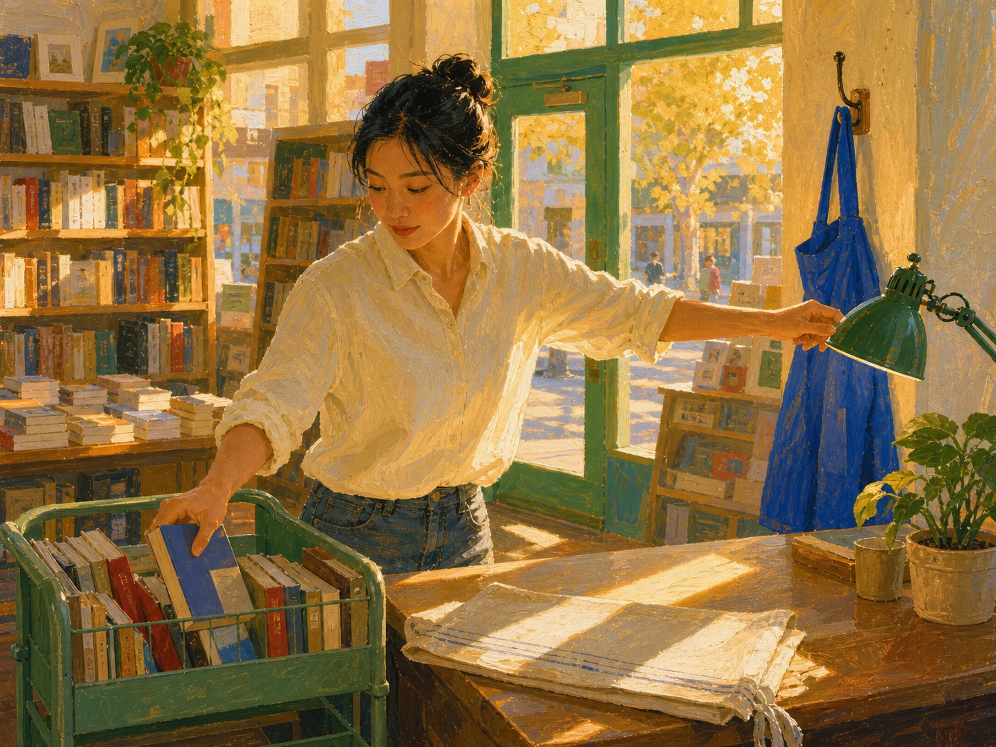 A bookseller completes a calm closing sequence by returning a book and switching off the task lamp.