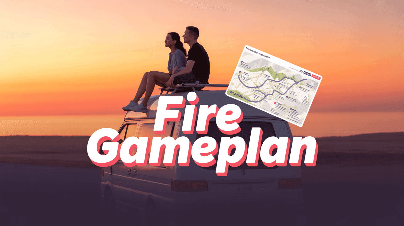 FIRE Retirement Gameplan Thumbnail Template featuring couple sitting on camper van roof overlooking sunset with financial independence roadmap floa...
