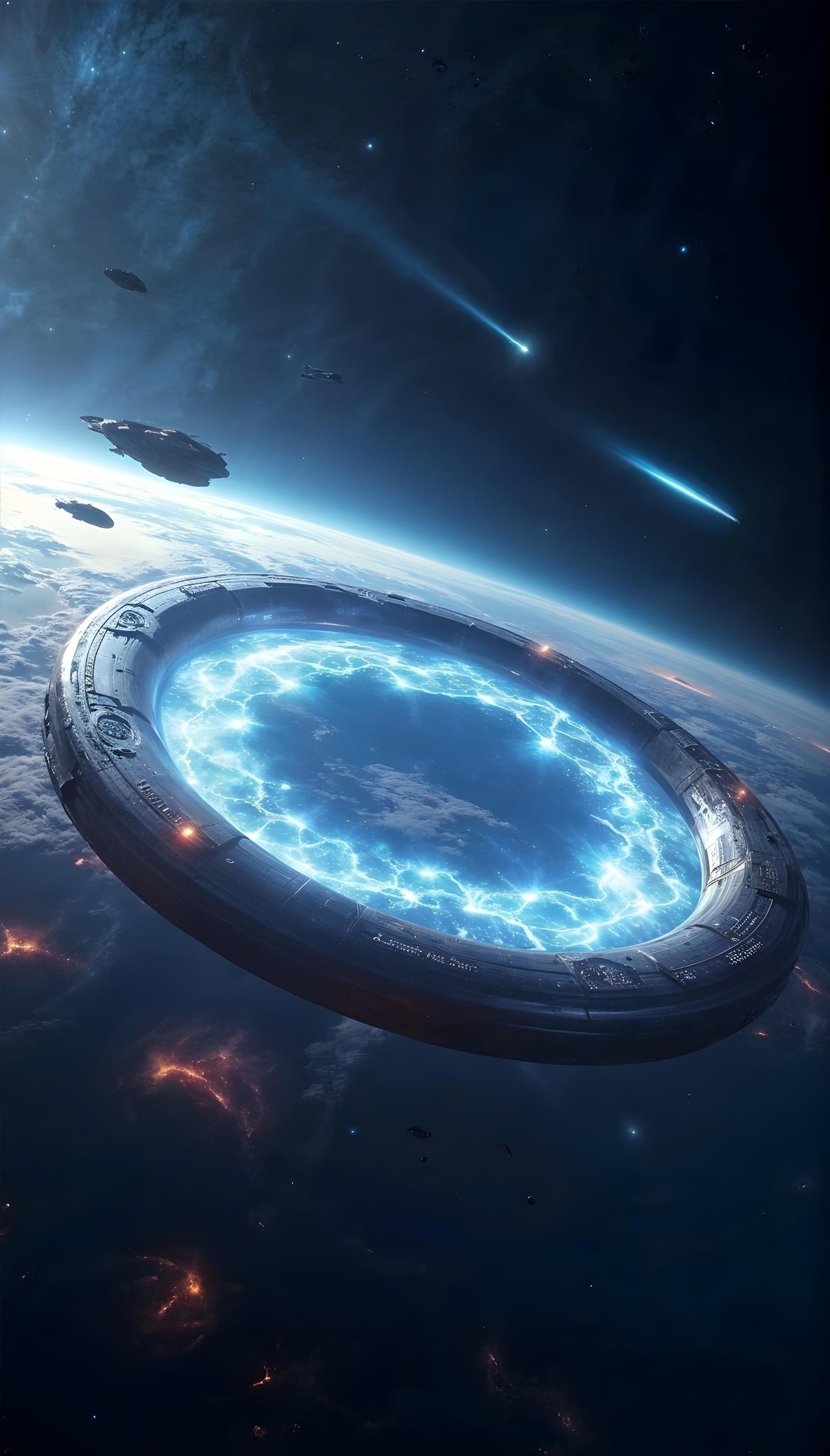 A futuristic sci-fi scene featuring a glowing circular portal in space, hovering above a planet's atmosphere. Nearby, several spaceships are visible, and bright streaks of light illuminate the starry background.