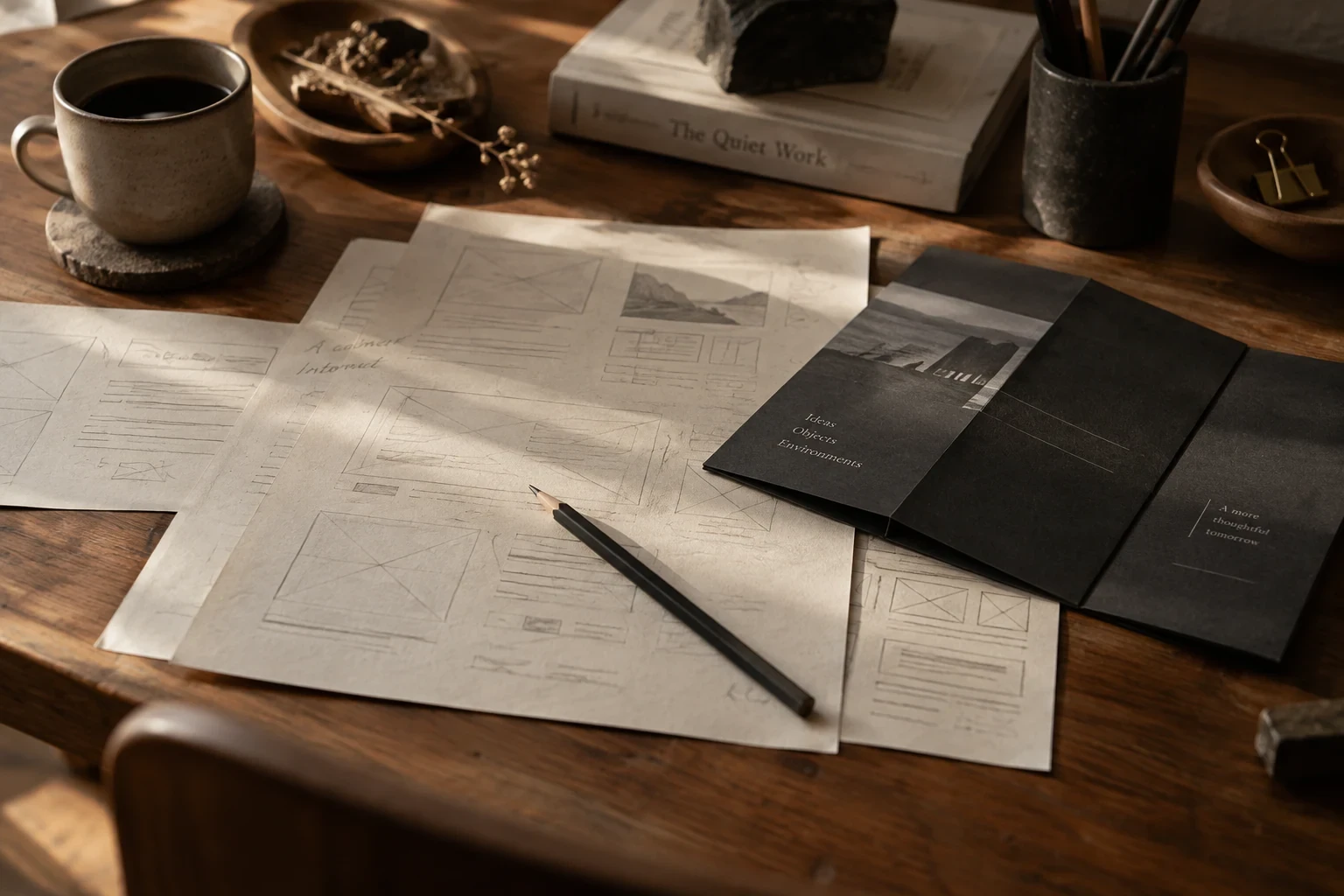 Graphite pencil, cream paper wireframe sketches and a folded charcoal paper prototype on warm wood desk, quiet morning light