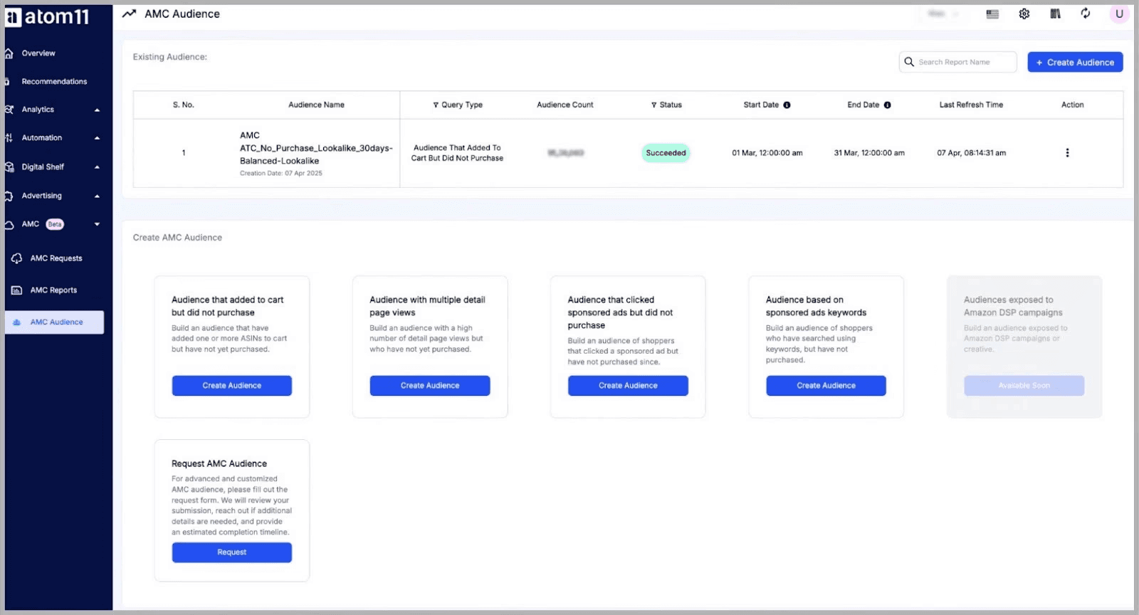 atom11 AMC Audience dashboard showing existing audiences @@ atom11 AMC Audience dashboard showing existing audiences