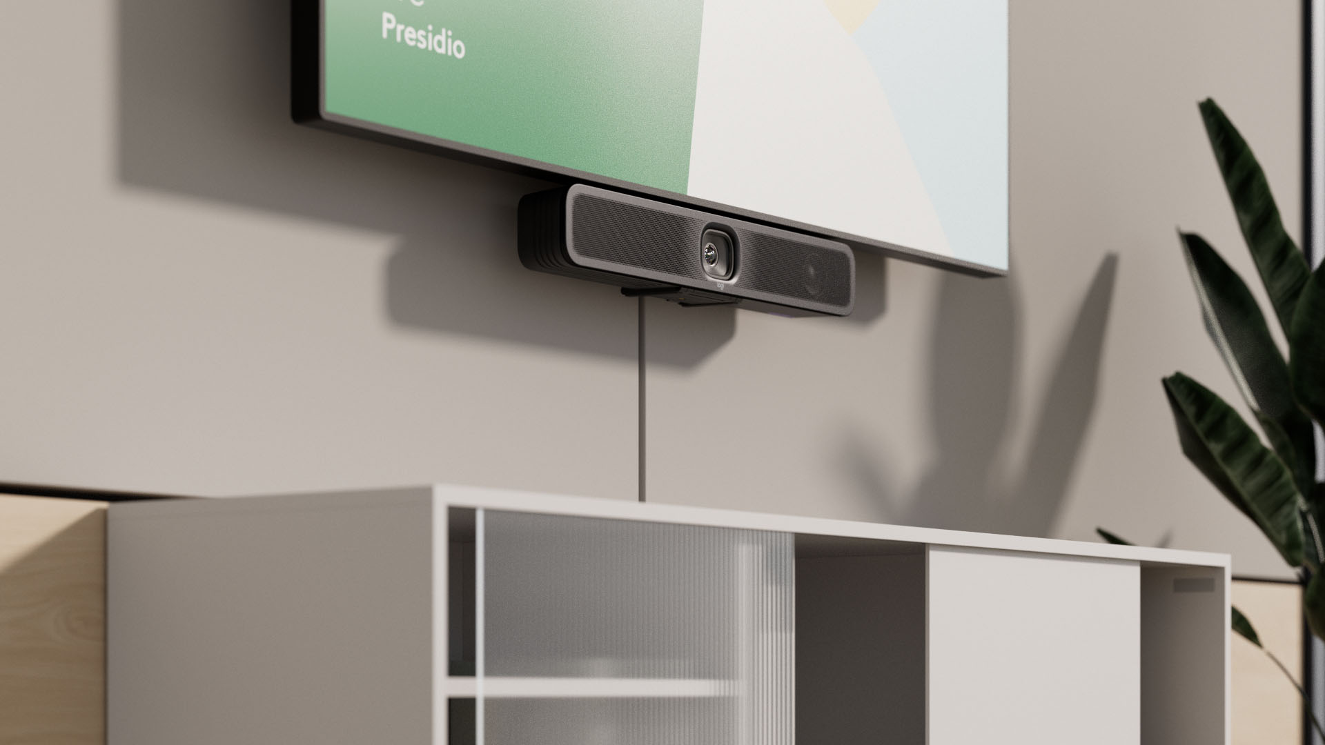 Close-up 3D render showing Meetup 2 mounted beneath a TV with a credenza below