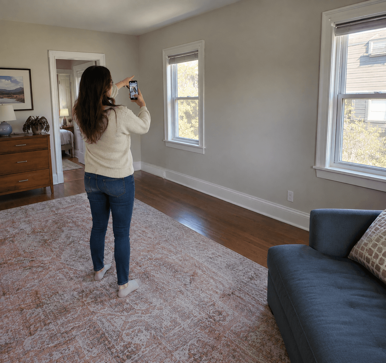 Homeowner recording a room paint project on her phone