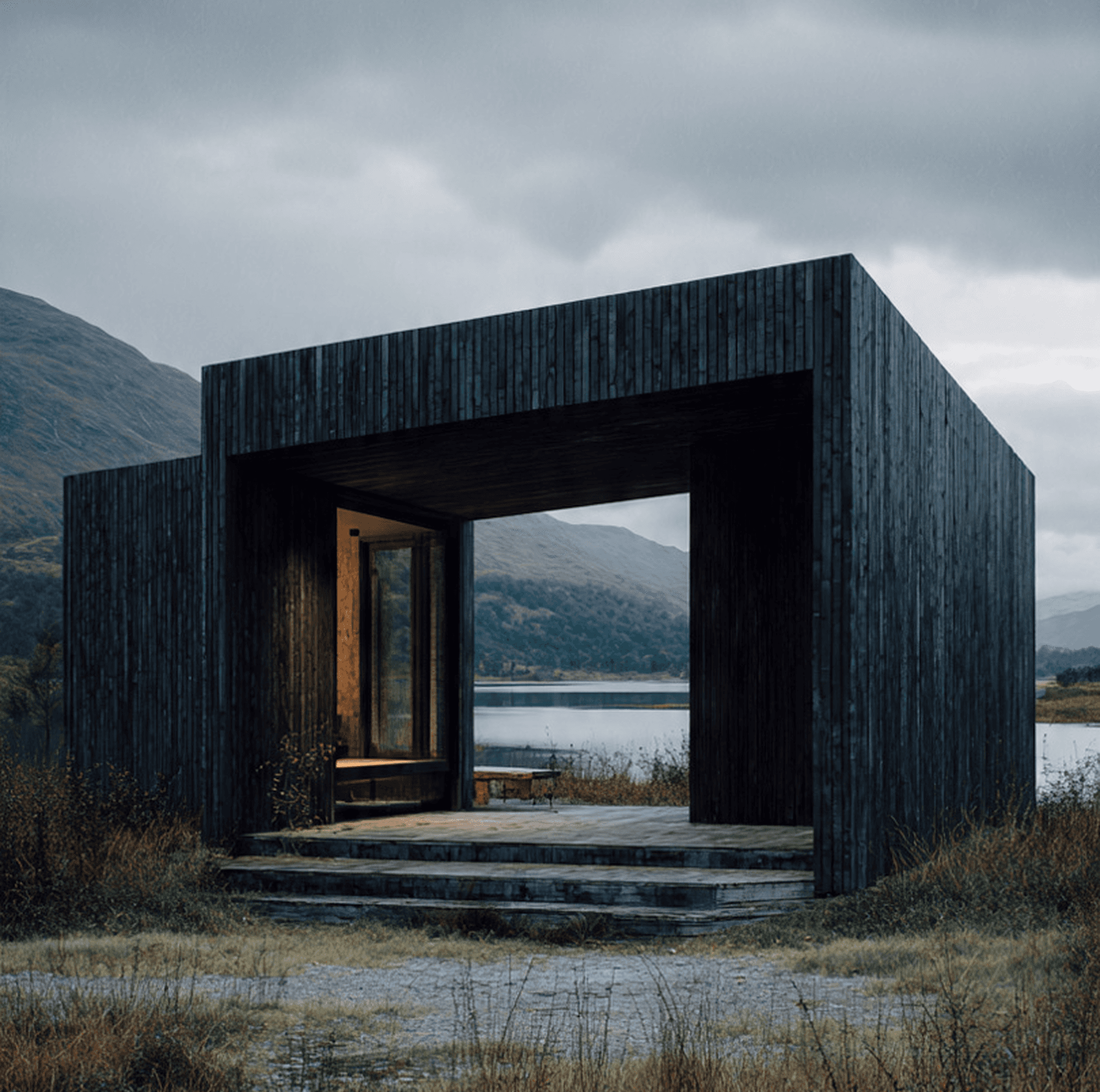 Dark wooden cabin landscape