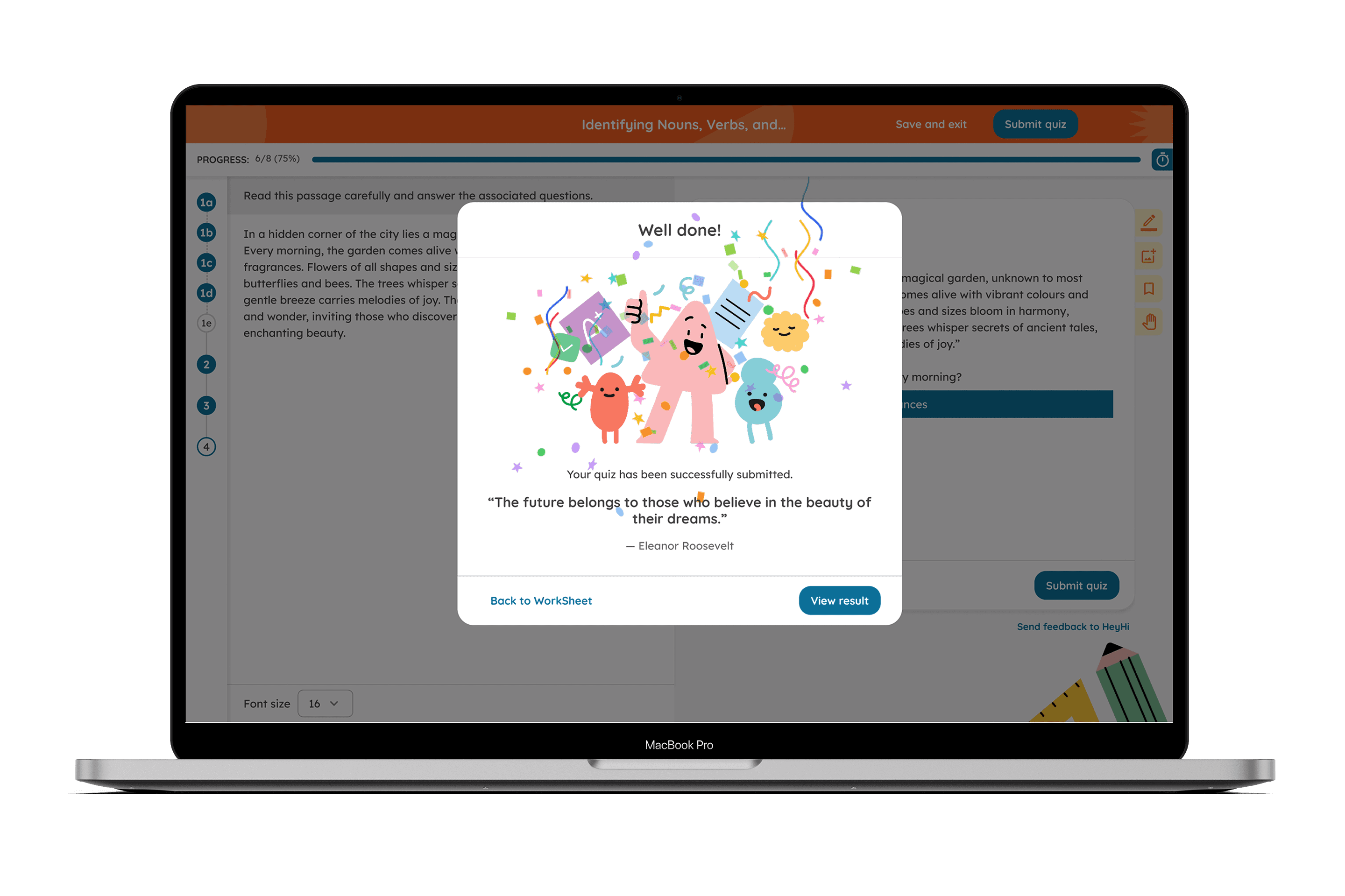 A laptop screen displaying HeyHi's student success state, showing a message that the student has finished their worksheet or quiz, with animated confetti falling around the screen